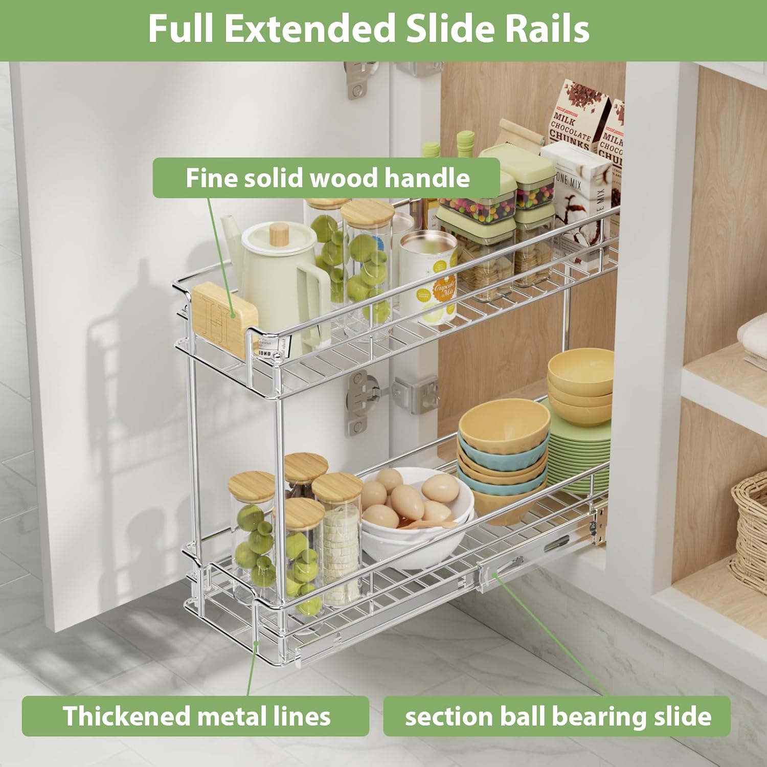 ROOMTEC Organizador de gabinete extraíble con mango de madera, 10 pulgadas de ancho x 21 pulgadas de profundidad, 2 niveles, cajones extraíbles para