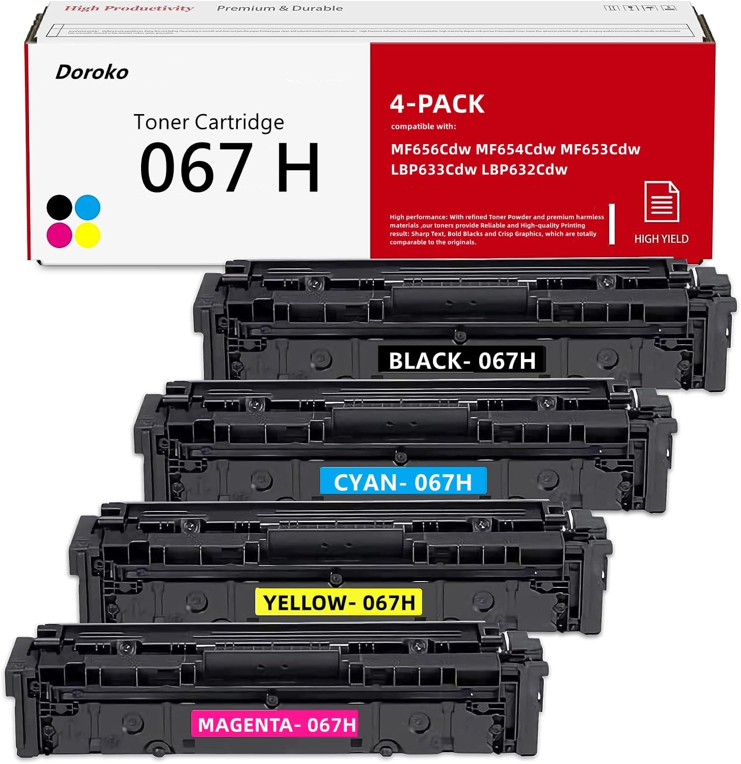 067H 067 Cartucho de tóner 067H 067, paquete de 4 unidades de repuesto compatible con MF656Cdw para Canon imageCLASS LBP633Cdw LBP632Cdw MF653Cdw