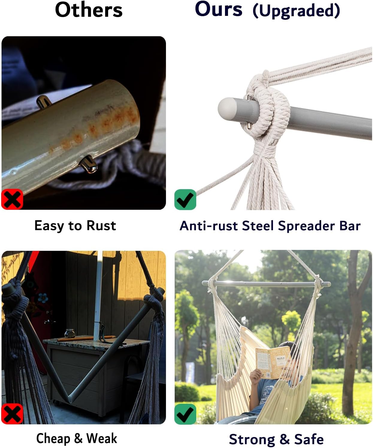 Silla hamaca colgante para interiores con 2 cojines para dormitorio, máximo 500 libras, barra antioxidante con anillos antideslizantes, para