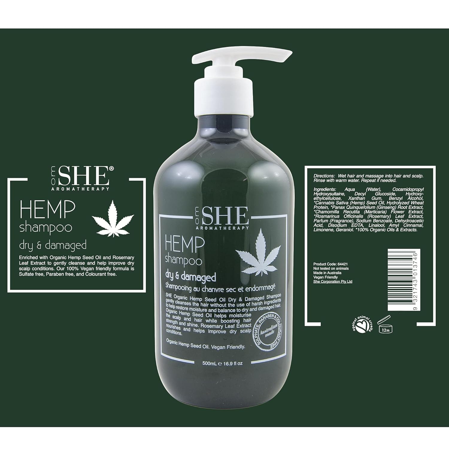 Om She Champú seco y dañado con aceite de semilla de cáñamo para aromaterapia