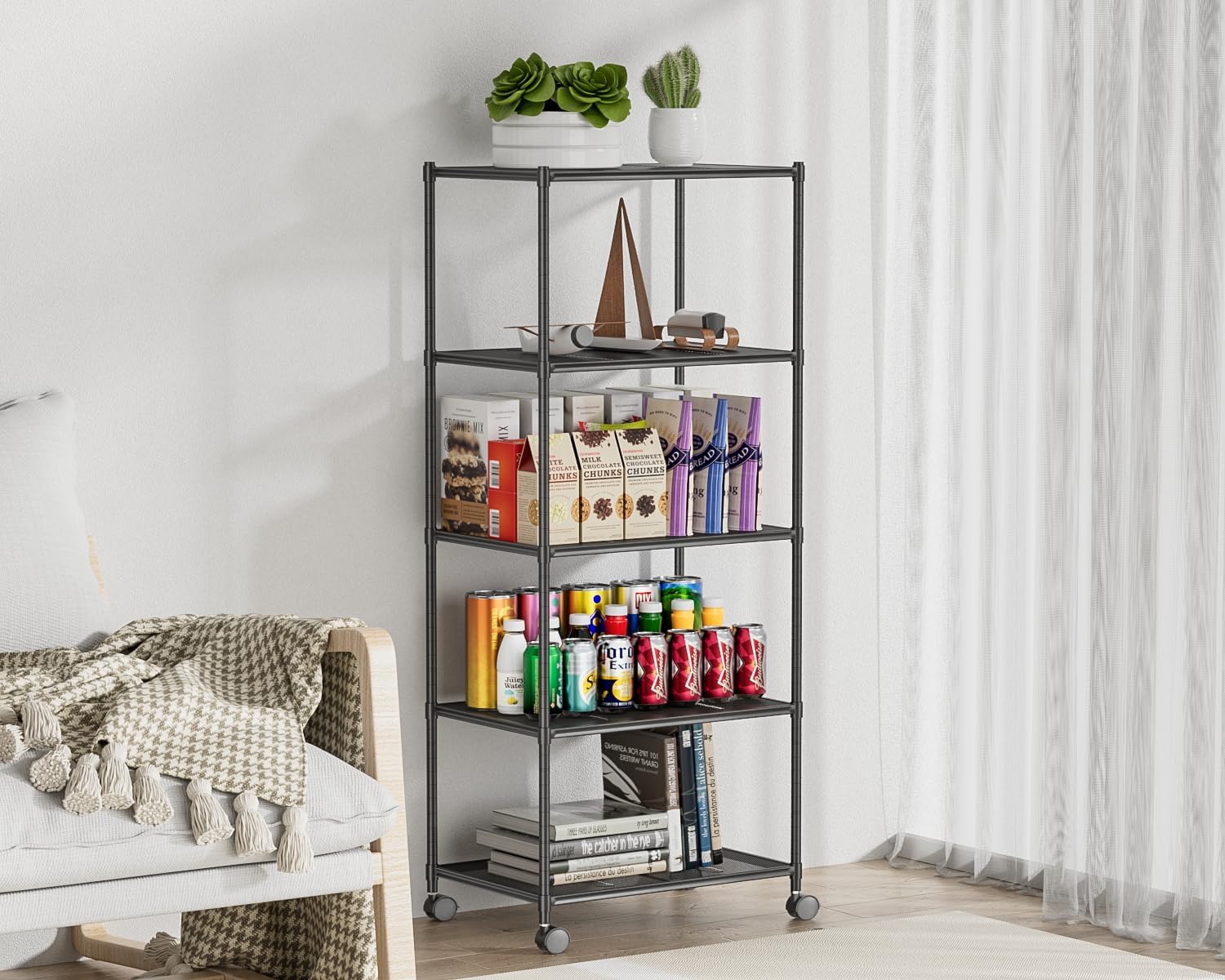 OVICAR Estante de almacenamiento con ruedas  Estantería ajustable de alambre de malla de 5 niveles, estante de almacenamiento de metal para cocina,