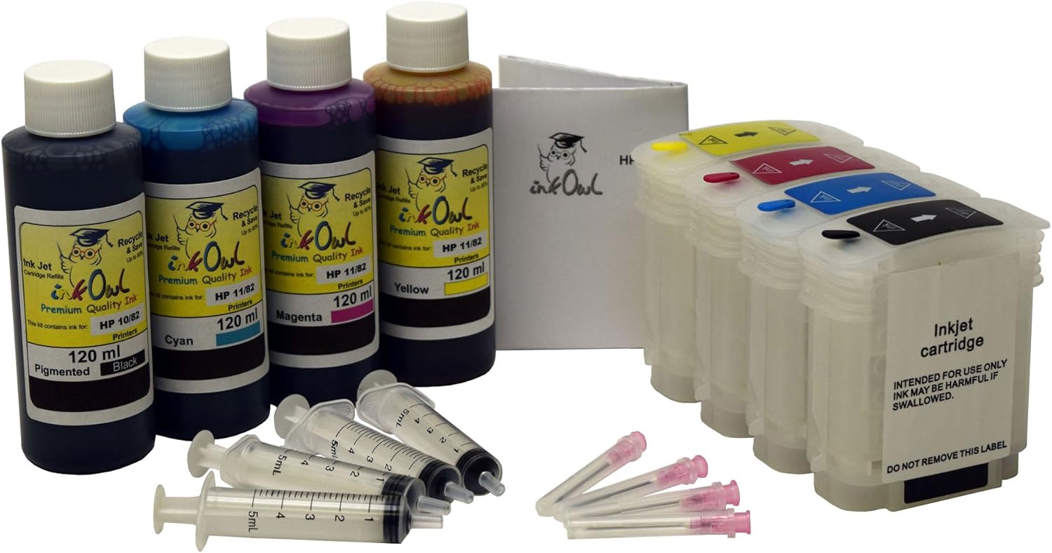 InkOwl Cartucho de repuesto recargable para HP 82 negro, 82 colores, DesignJet 510 (incluye 4 x 4.1 fl oz de tinta fabricada en Estados Unidos)