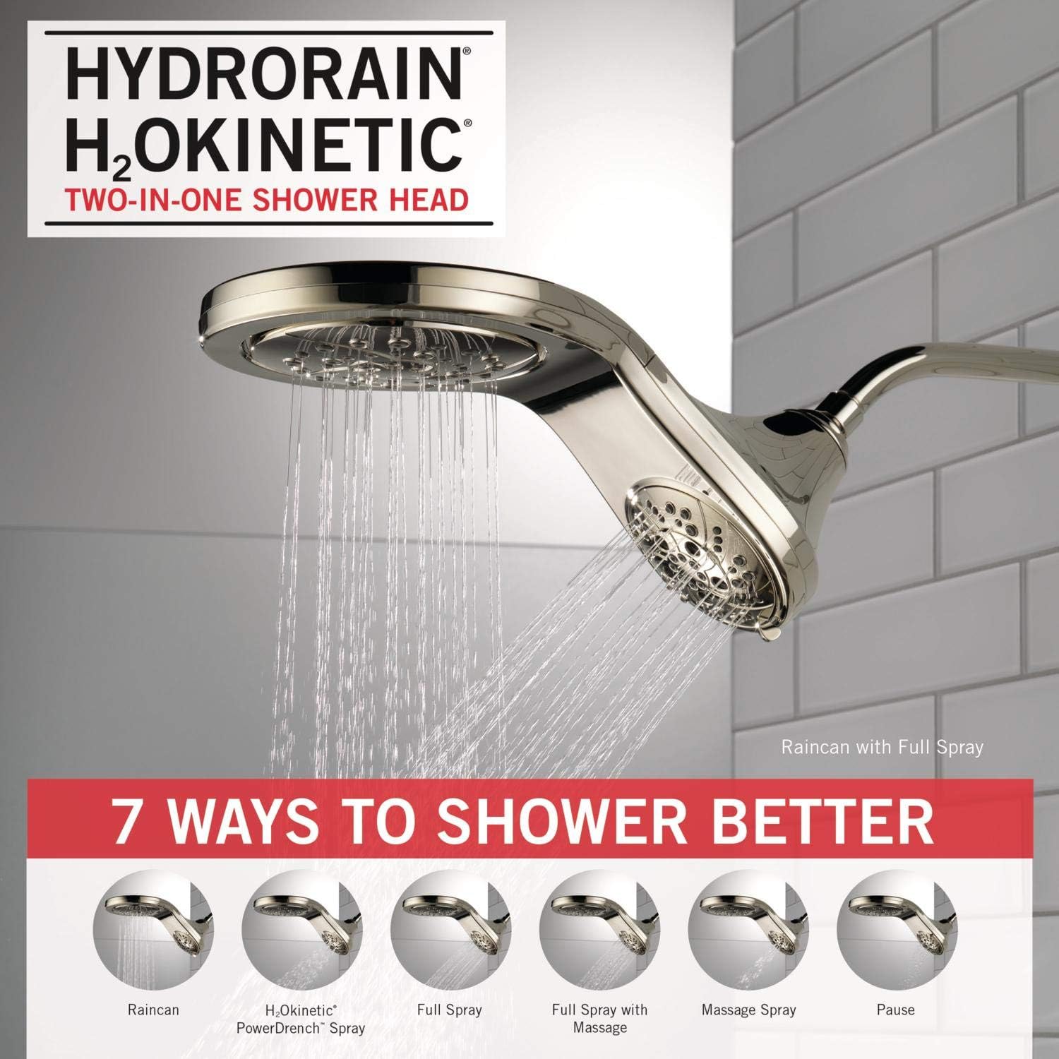 DELTA FAUCET 58581-PN-PK HydroRain H2OKinetic – Combo de ducha 2 en 1, flujo de agua de 1.75 GPM, níquel pulido