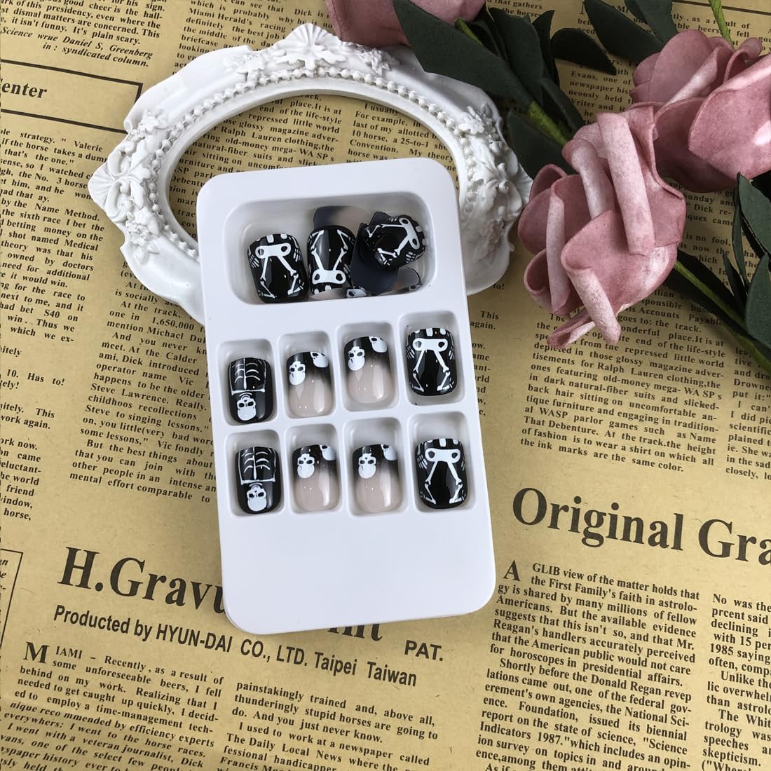 Uñas postizas negras de Halloween, uñas cortas cuadradas a presión, uñas postizas de calavera de cobertura completa, uñas acrílicas artificiales con