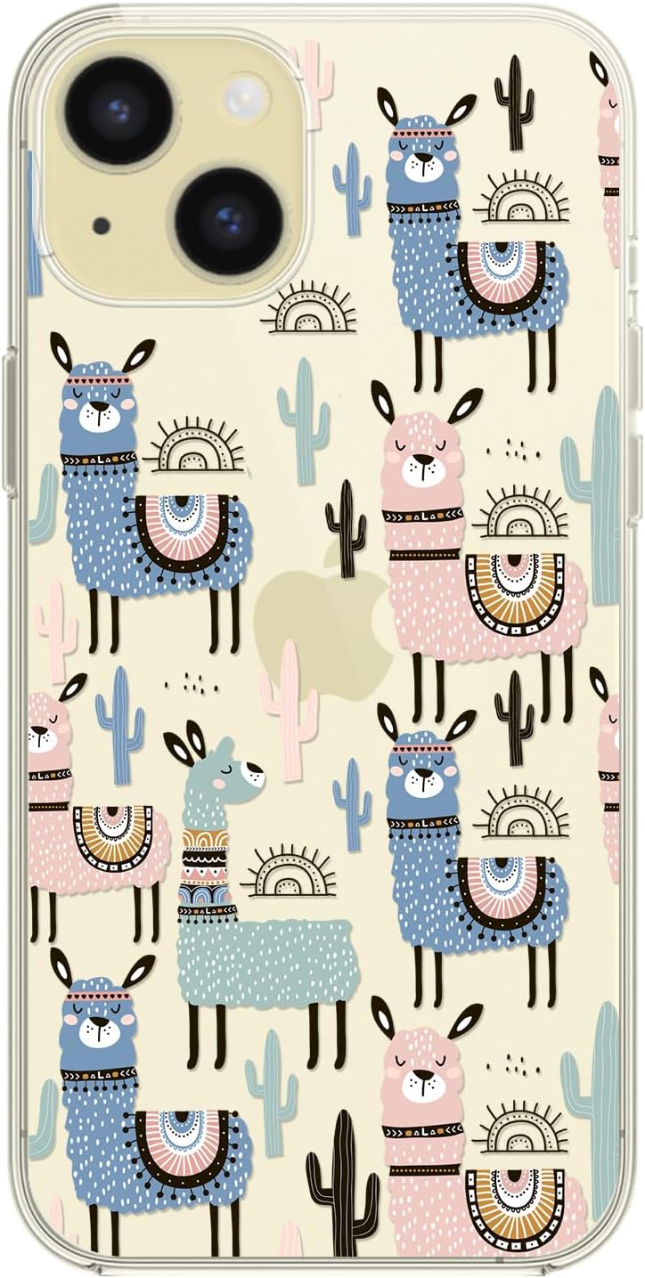 Blingy’s Funda para iPhone 15 Plus, lindo diseño de cactus y llamas, divertido estilo alpaca, diseño de animales de dibujos animados, funda