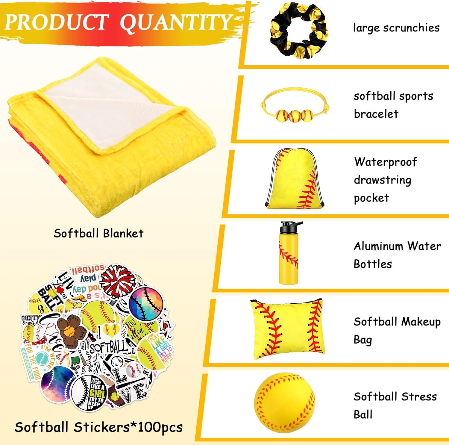 8 regalos de sóftbol incluyendo manta, botella de agua de 23 onzas, bolsa con cordón, bolsa de cosméticos, calcomanías, pulseras, bandas elásticas