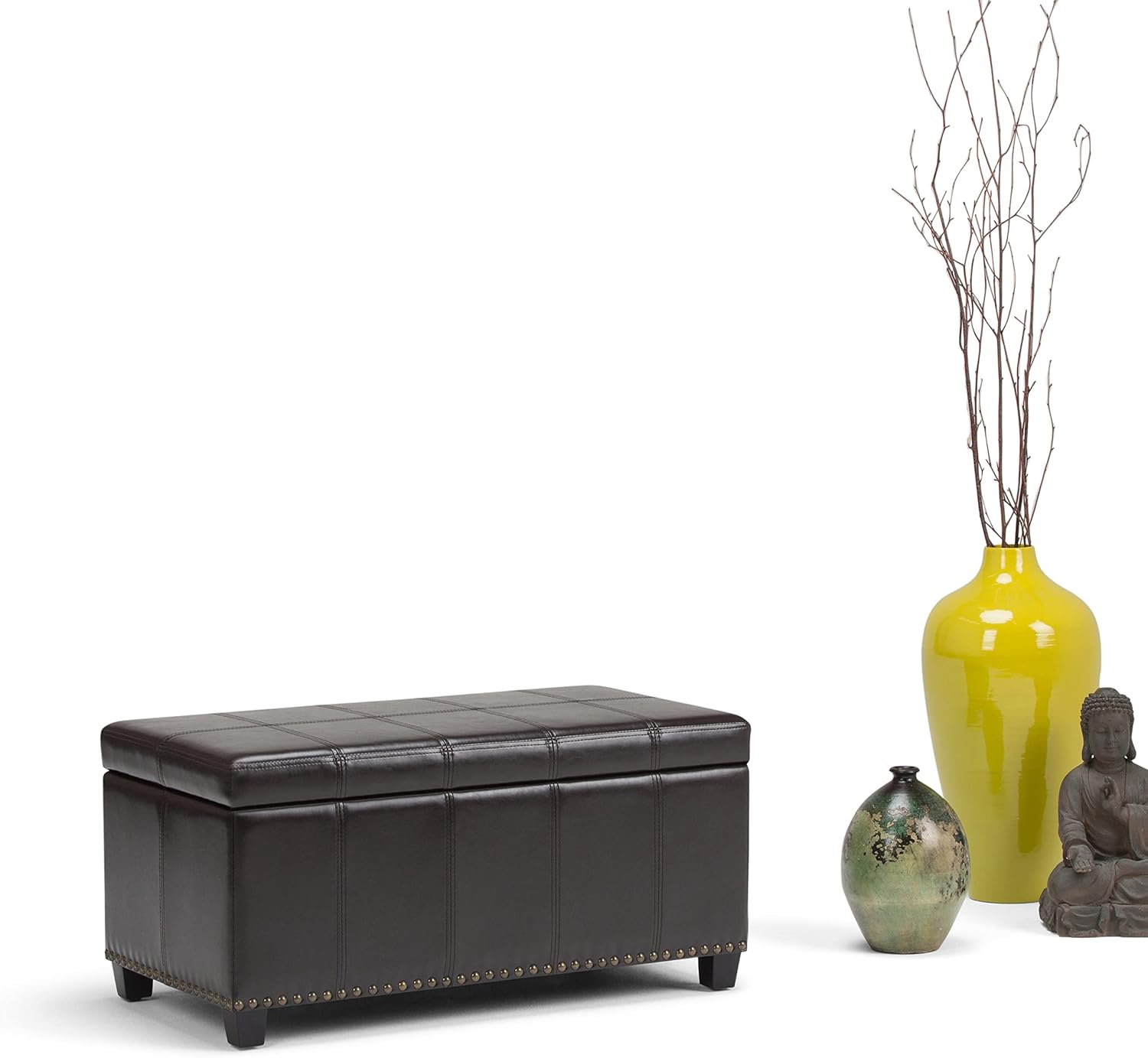 SIMPLIHOME Amelia – Banco otomano rectangular de transición de 33 pulgadas de ancho en curtidores, piel sintética vegana marrón, para sala de estar,