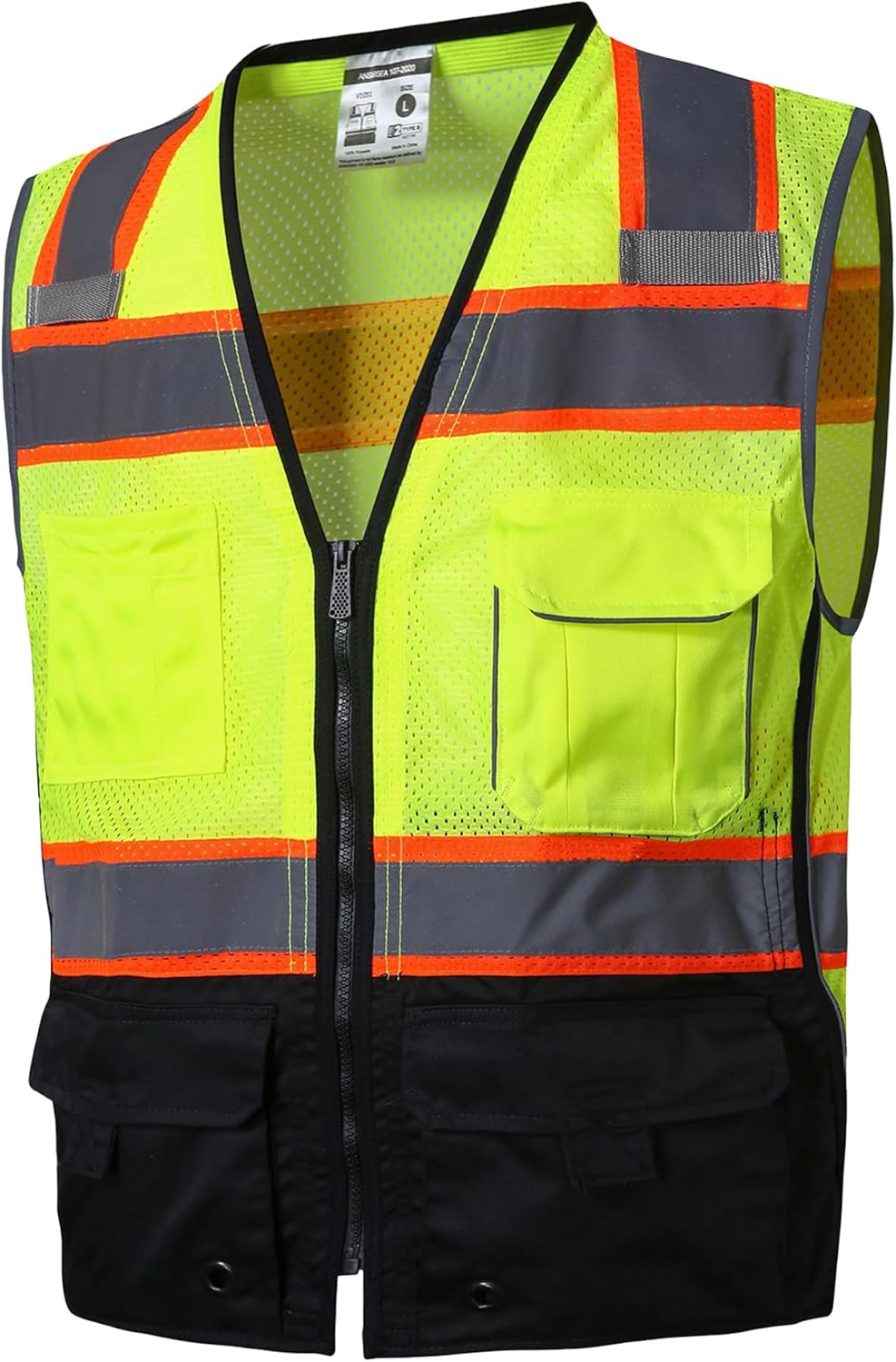 SKSAFETY Chaleco de seguridad de nivel profesional de 10 bolsillos, seguridad de alta visibilidad clase 2 con cremallera, Hi Vis con tiras