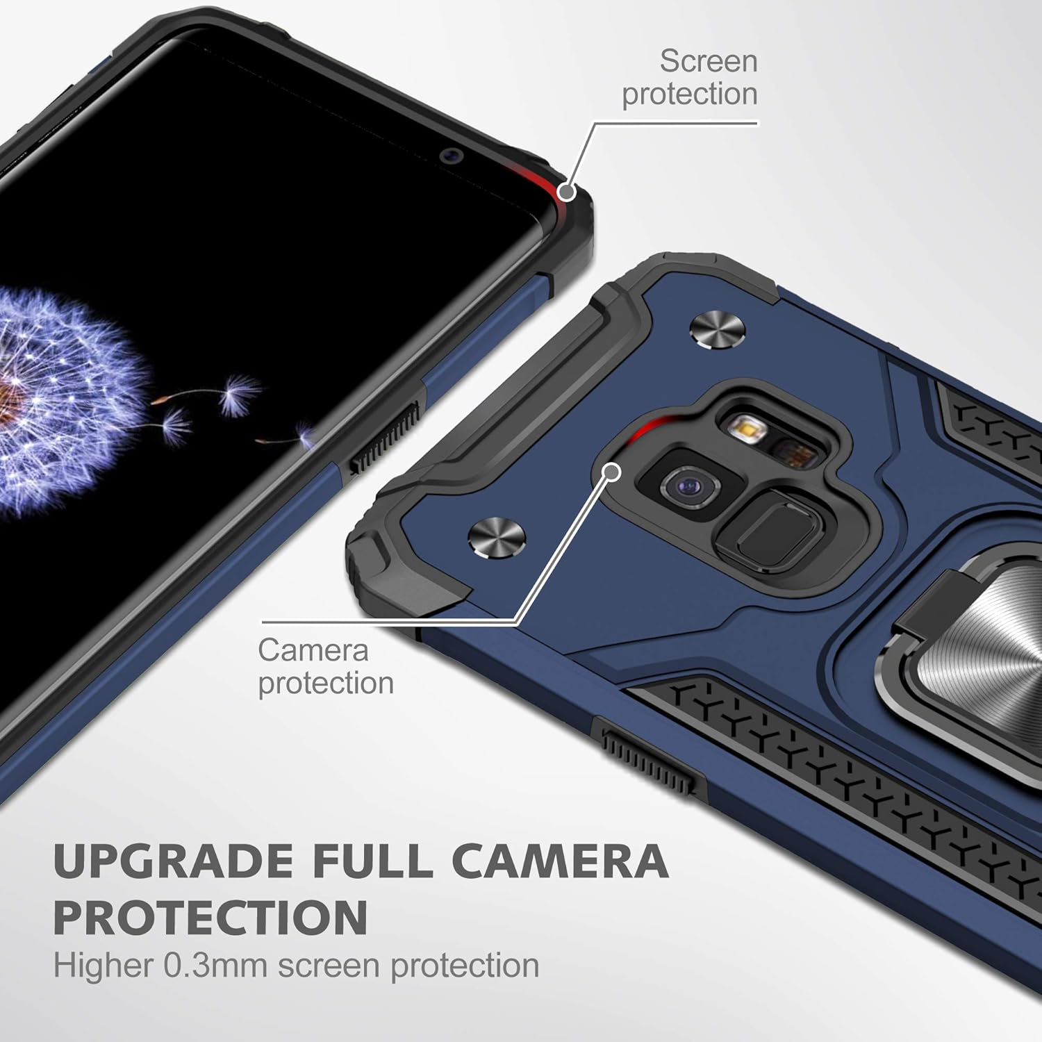 YmhxcY Funda para Galaxy S9, Samsung S9 con protector de pantalla curvado 3D, funda de grado armadura con soporte giratorio, antideslizante,