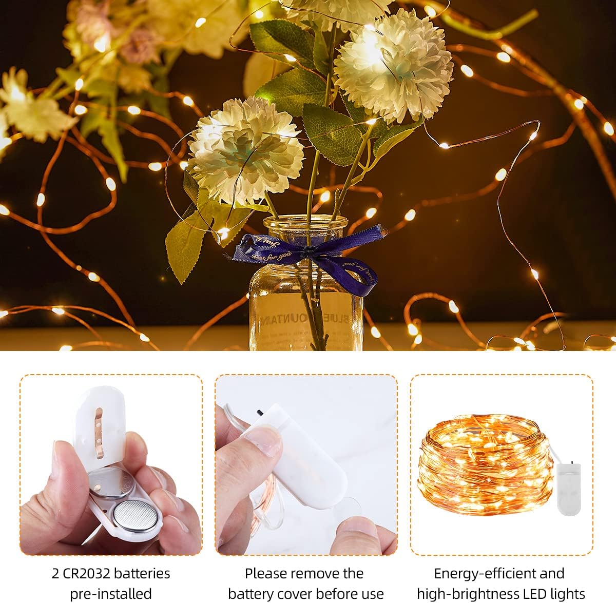 Ariceleo Tira de luces a pilas, 6 paquetes de 6.5 pies, 20 luces LED de 6.5 pies, mini cable plateado, funciona con pilas, guirnalda de luces de