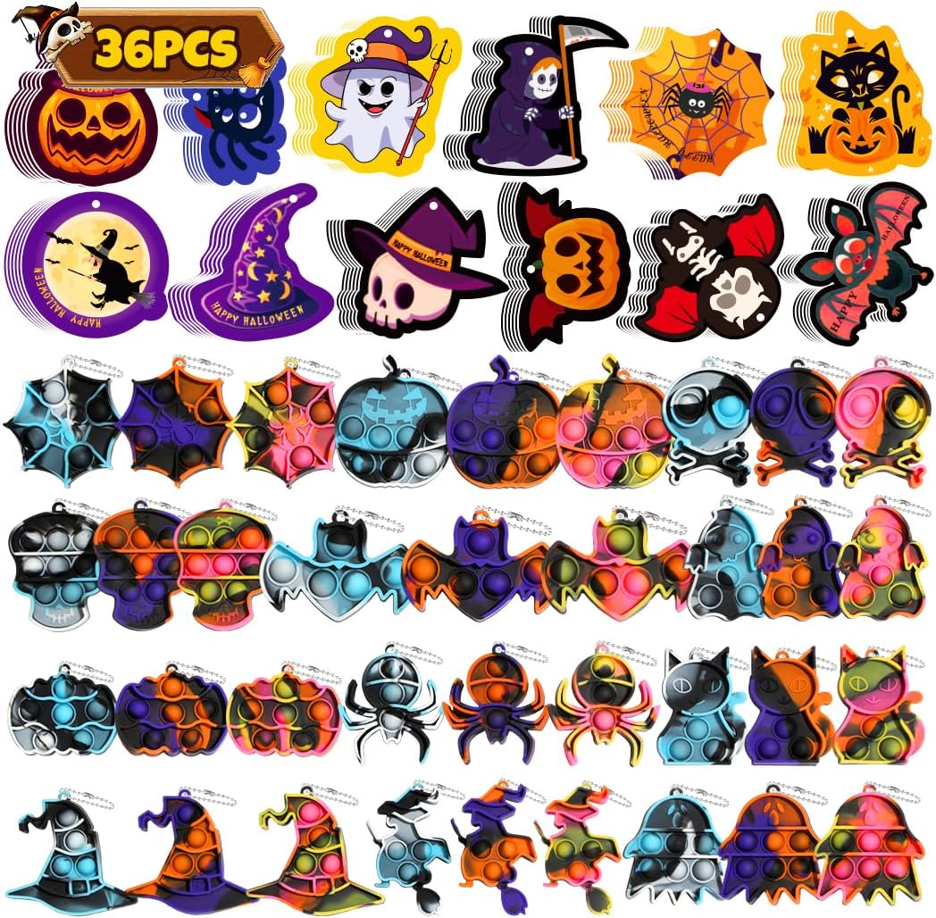36 piezas de mini llavero de Halloween Pop Fidget a granel, recuerdos de fiesta de Halloween para niños, juguetes de Halloween a granel con 36