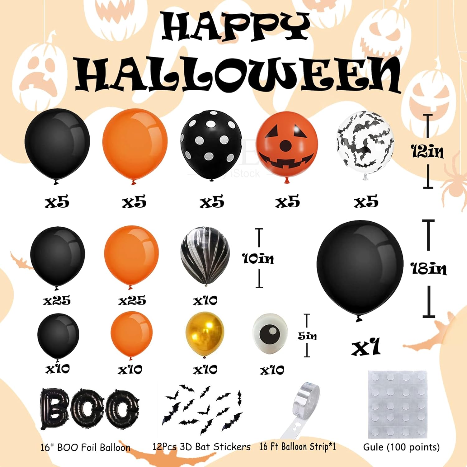 AobkDeco Kit de arco de globos de Halloween de 141 unidades, globos de ojos negros, naranjas y dorados, globos de Halloween con globos BOO,