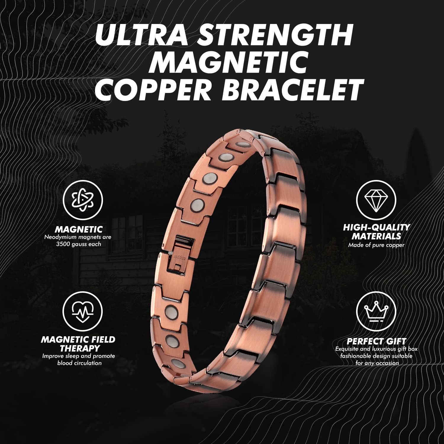 Pulsera de cobre para hombre, alivio de artritis y túnel carpiano, migraña, dolor de codo, cobre puro ajustable (cobre)