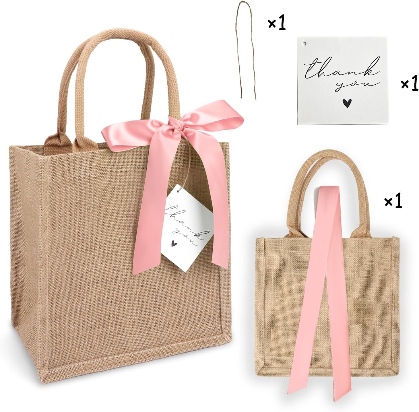 Bolsas de arpillera con asas, bolsas de regalo reutilizables de yute con cintas de seda rosa, forro impermeable para bodas, damas de honor, día de