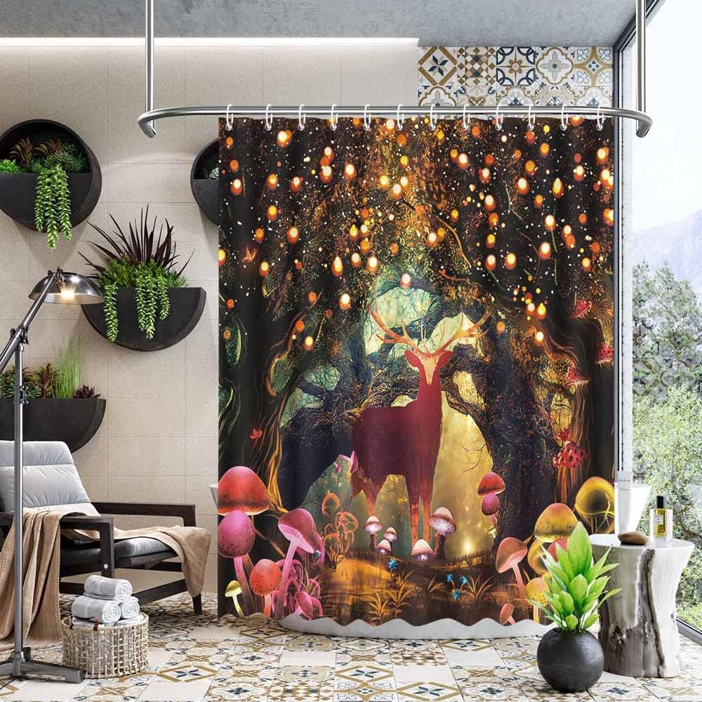 MEHOFOND Cortina de ducha de cuento de hadas del bosque, 72 x 72 pulgadas, cortina de ducha impermeable con 12 ganchos y hongos del bosque, plantas