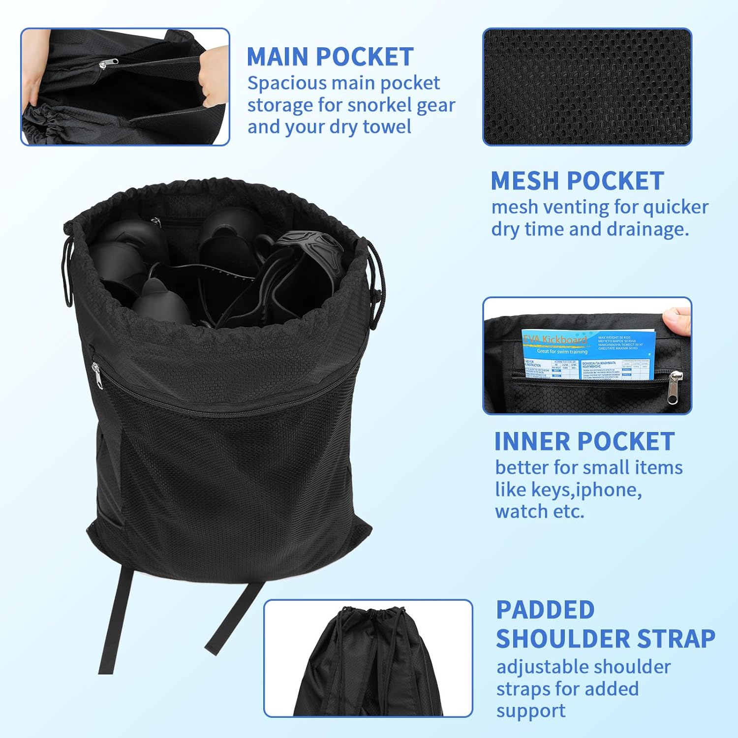 Bolsa de buceo, mochila de buceo de malla de gran tamaño para equipo y equipo de esnórquel, sostiene máscara, aletas, esnórquel, natación