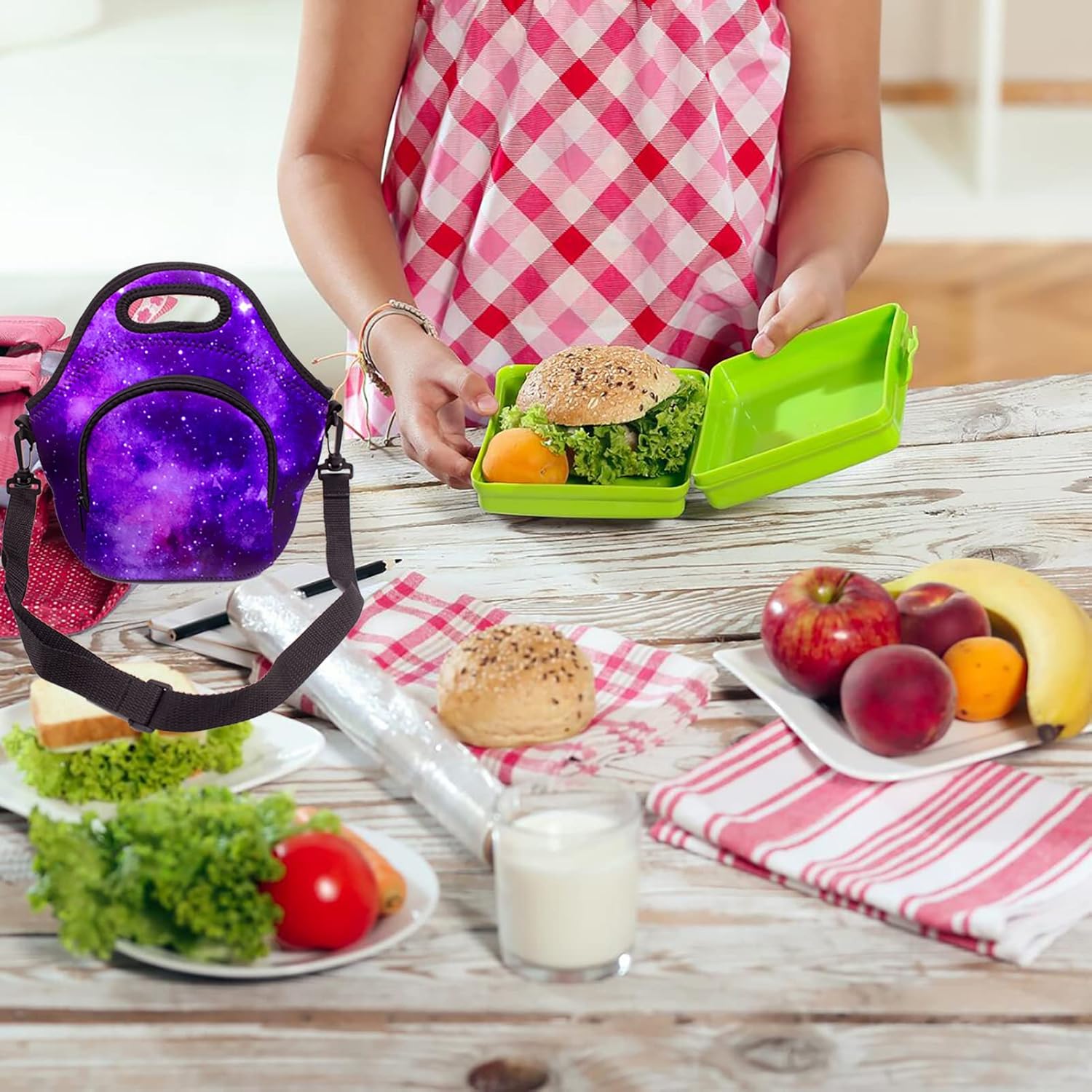 Bolsas de almuerzo de neopreno, bolsa de almuerzo aislada con correa cruzada, bolsa de almuerzo reutilizable con bolsillo adicional, impermeable,