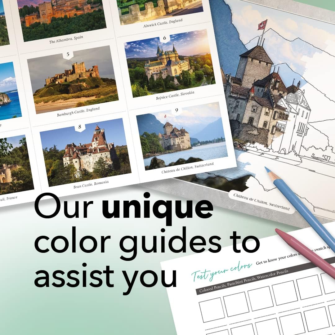 Castle Arts Castles – Libro para colorear  36 impresionantes castillos curados por artistas internos para enfocar la mente  con guía de referencia