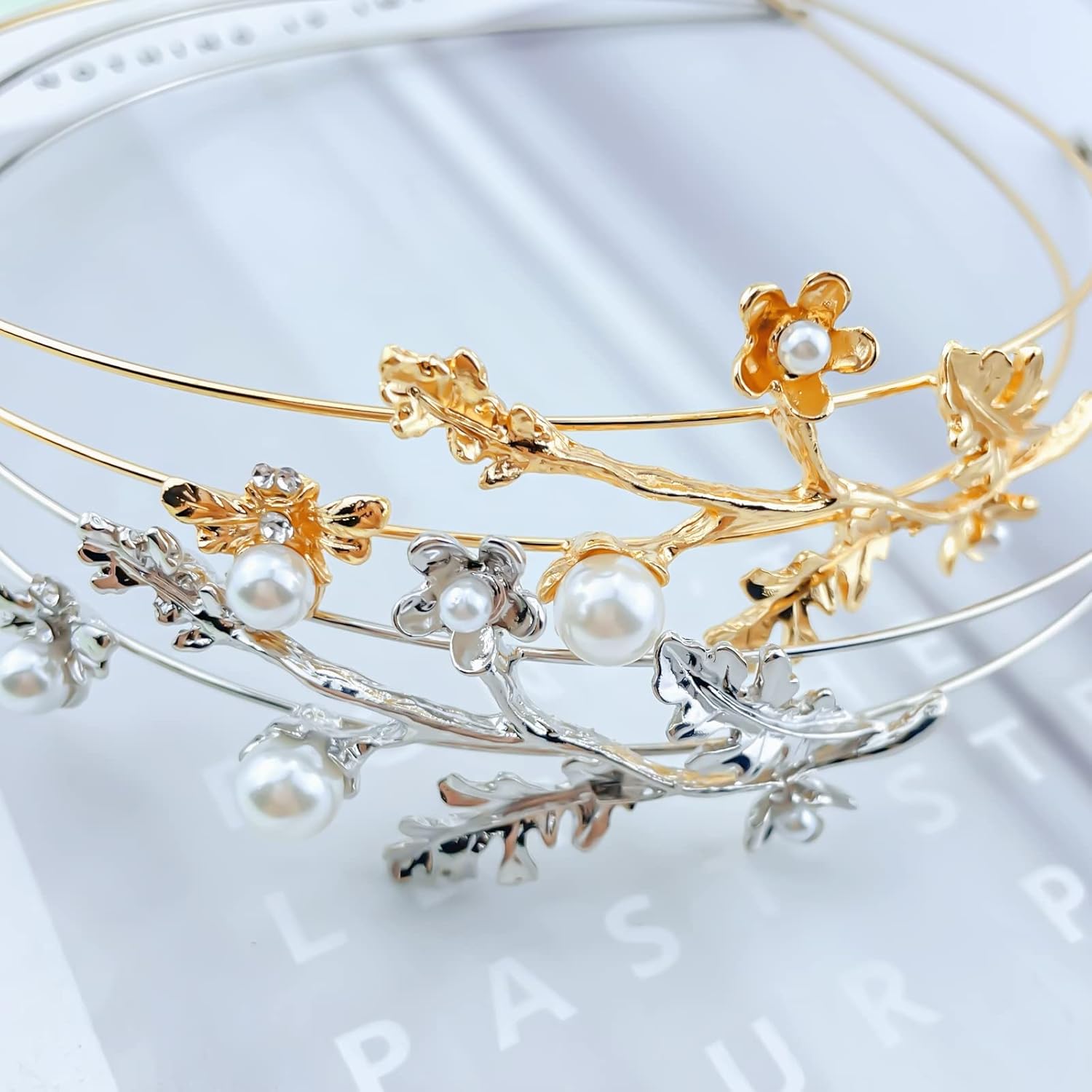 Aswewamt 2 diademas de perlas de hojas de aleación, aros de pelo para novia, accesorios para el cabello, adornos para mujeres y niñas elegantes