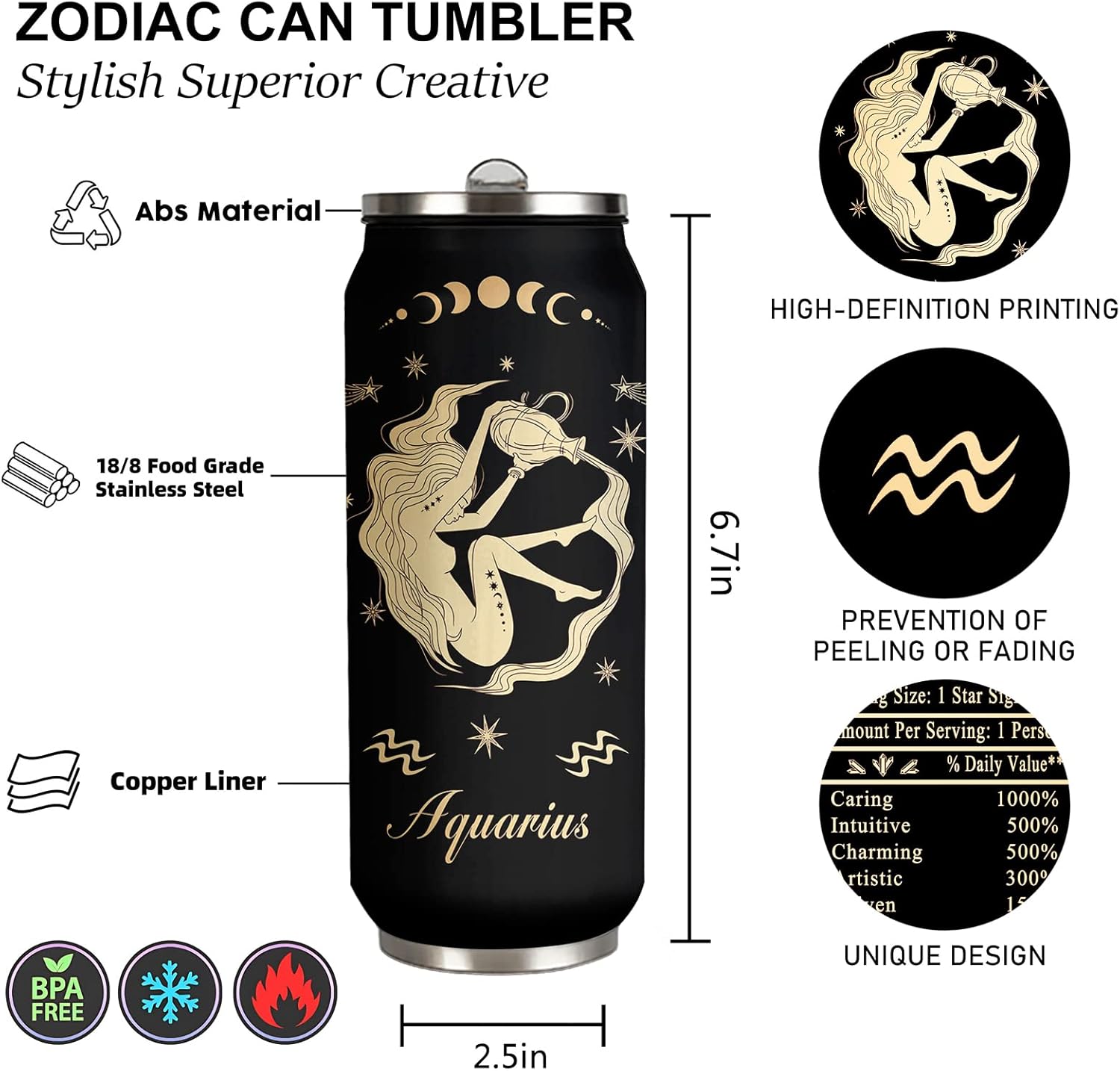 JAWCKGO Aquarius – Vaso de constelación para hombre y mujer, taza de café aislada, taza de viaje, taza de sublimación, vaso de regalo para automóvil