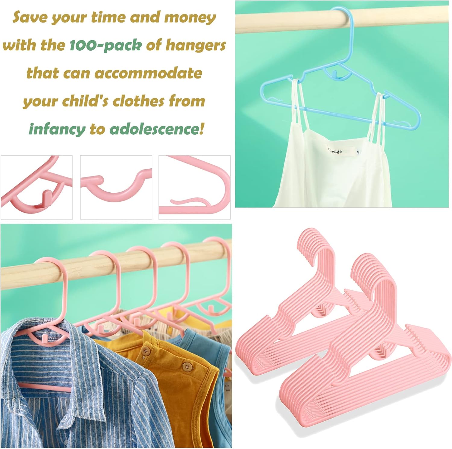Paquete de 80 perchas de plástico para bebé, perchas para ropa infantil con clips para guardería, perchas que ahorran espacio para organizador de
