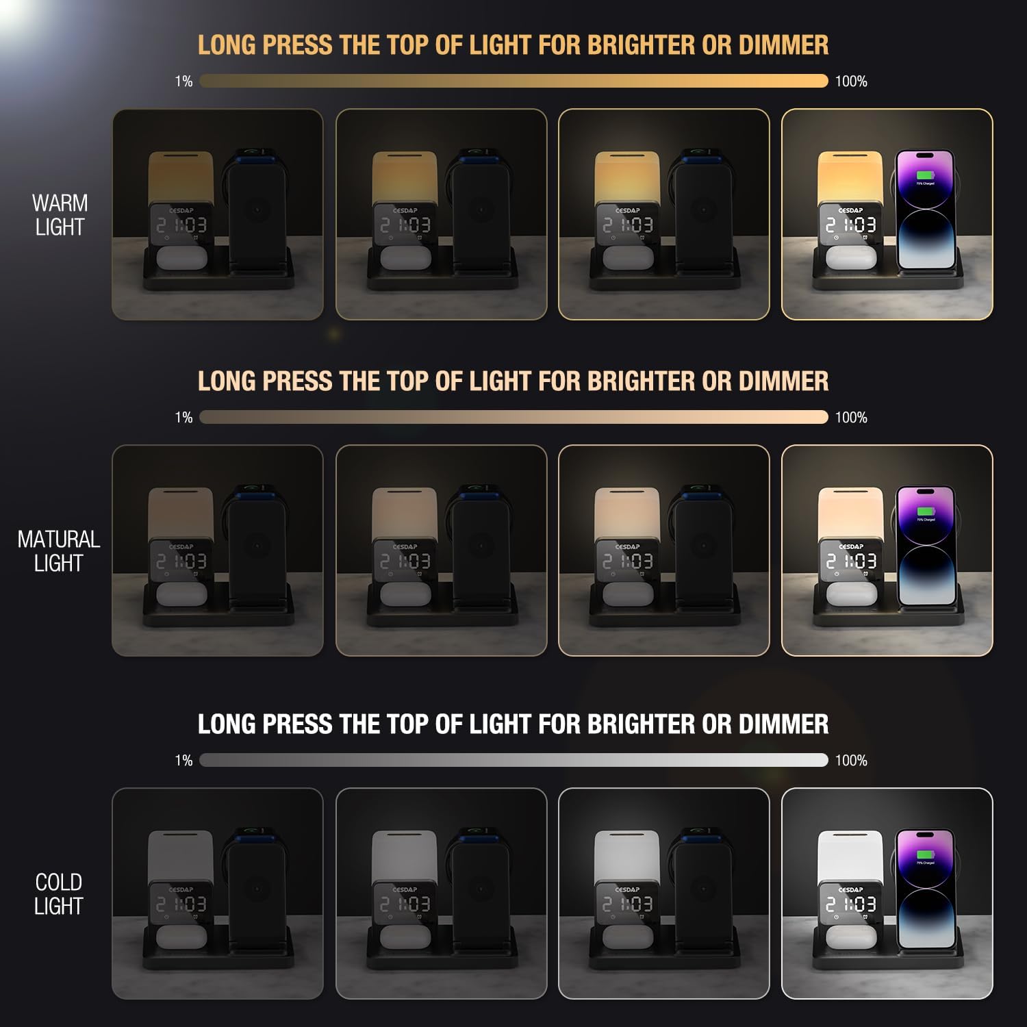 C3 Pro – Estación de carga plegable 6 en 1 para múltiples dispositivos con luz de reloj despertador, cargador de 18 W para iPhone 1514131211 para