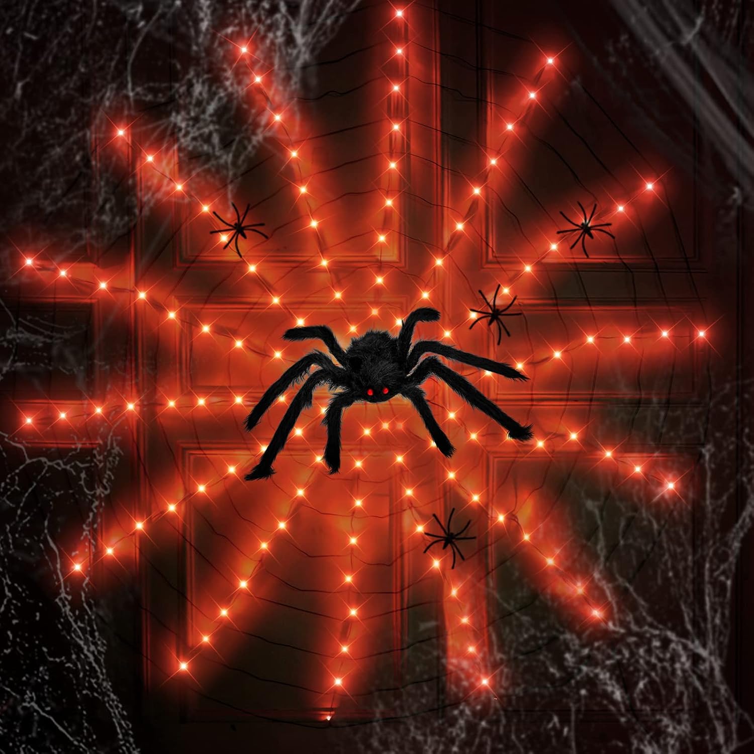Anycosy Decoración de luces de Halloween, 140 luces LED de telaraña con 5 arañas negras, luces de Halloween al aire libre, 8 modos para decoración