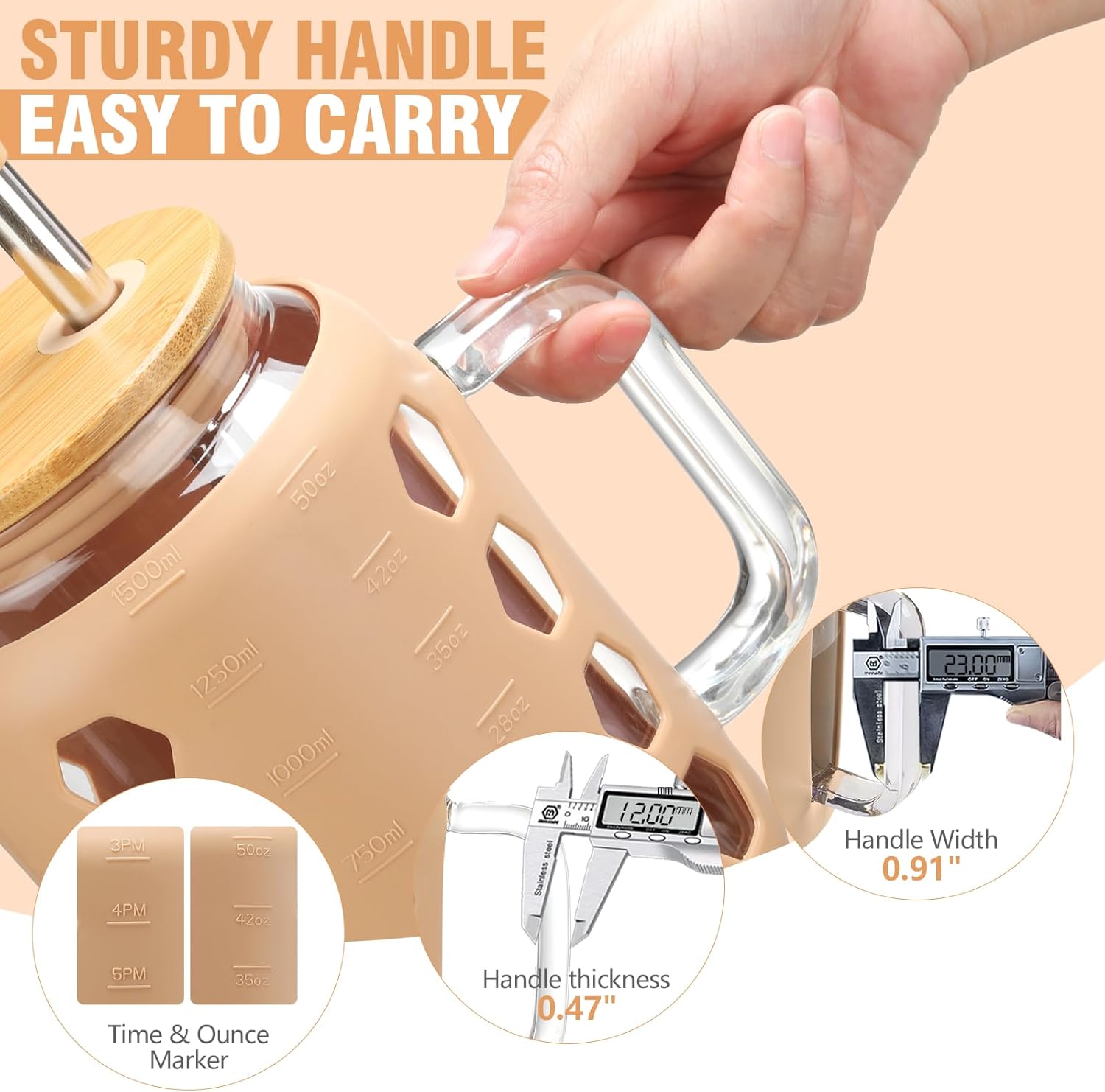 MUKOKO Vaso de vidrio con tapa de bambú y pajita, botellas de agua de vidrio de 50 onzas con marcador de tiempo, taza de café helado con asa, taza