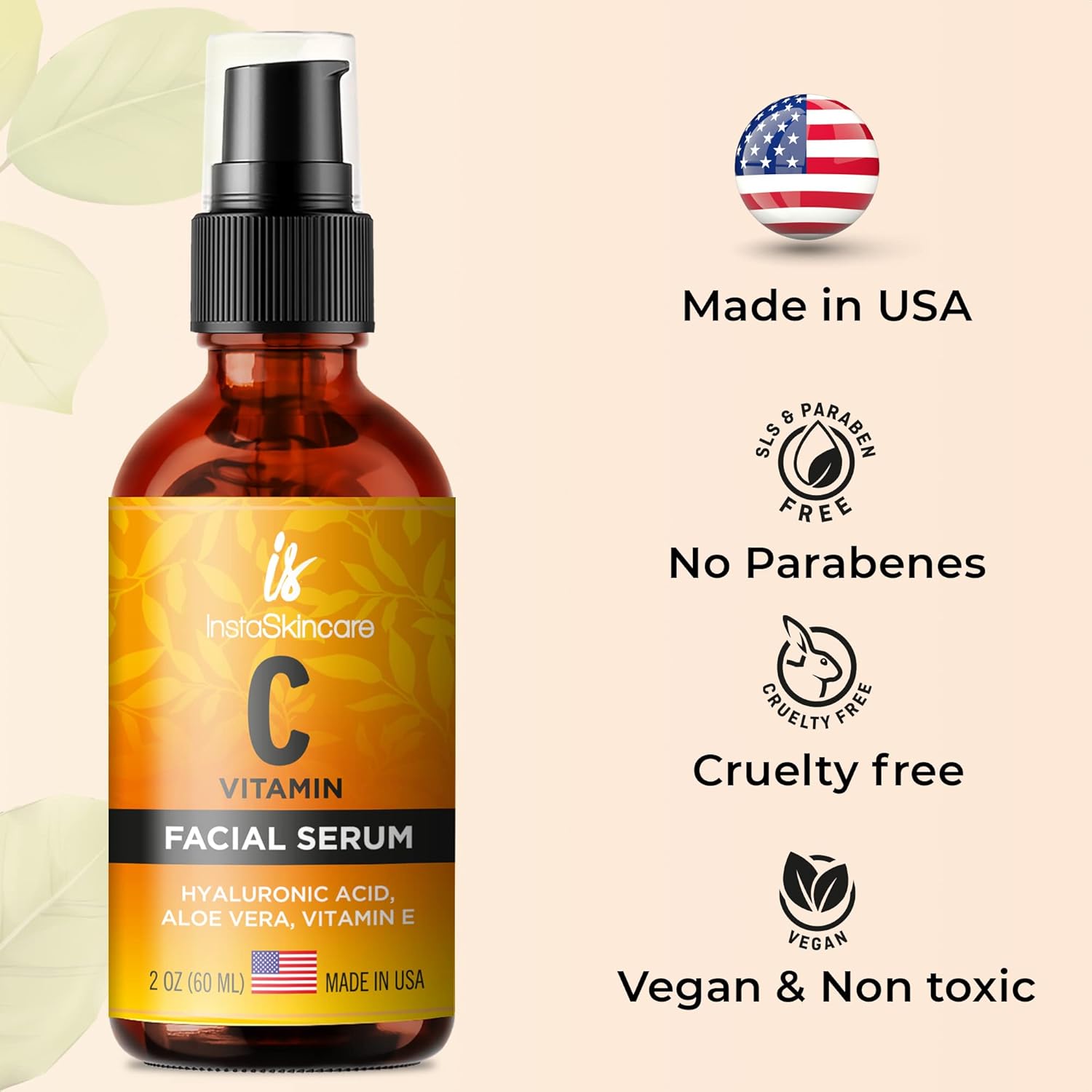 Suero de vitamina C de doble tamaño (2 onzas) para cara con ácido hialurónico y vitamina E – Suero iluminador facial – Suero natural