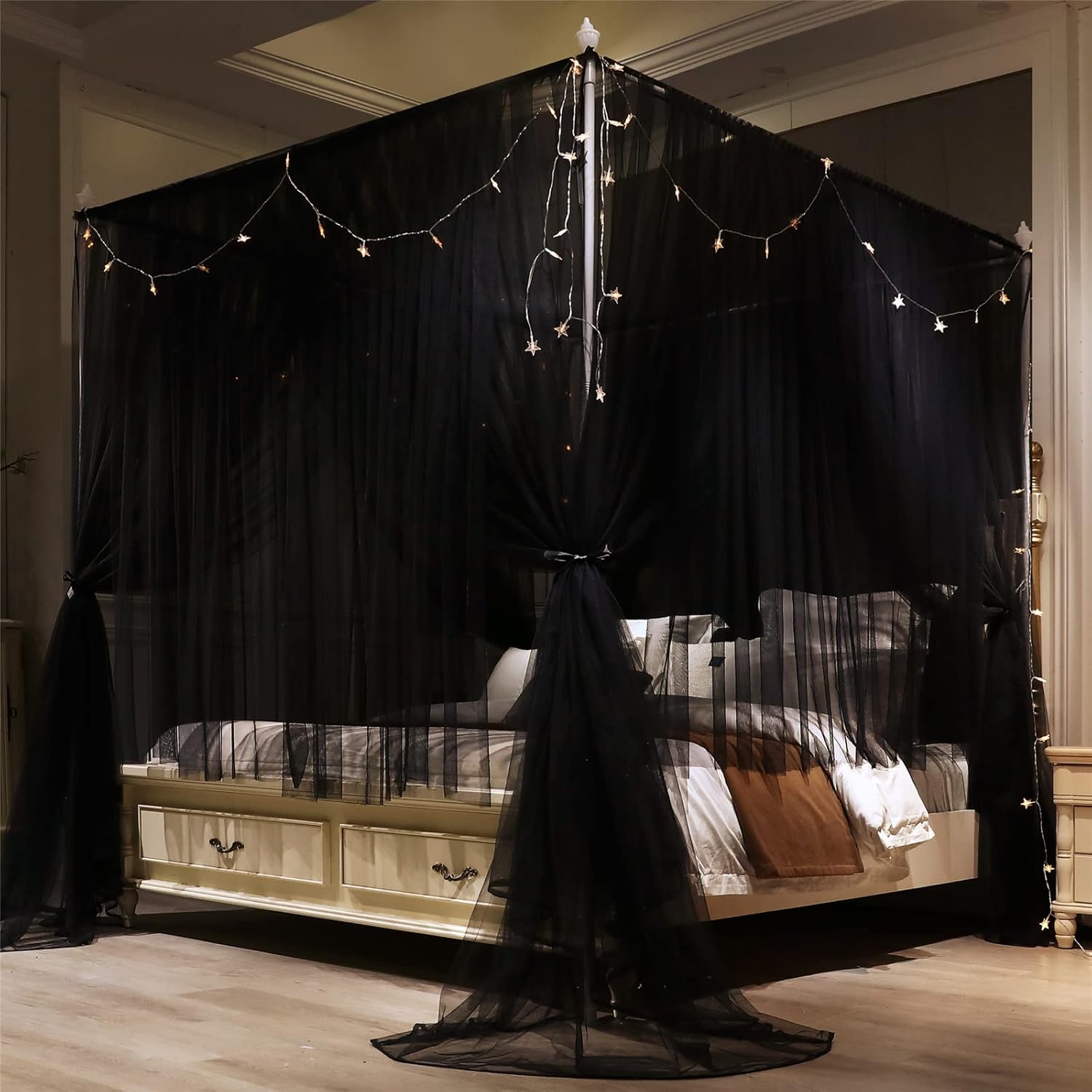 VETHIN 4 Corners Post Princess Bed Canopy Curtain Double Layer Cozy Drape Netting 4 Opening Mosquito Net for Girls & Adults Bedroom Decoration