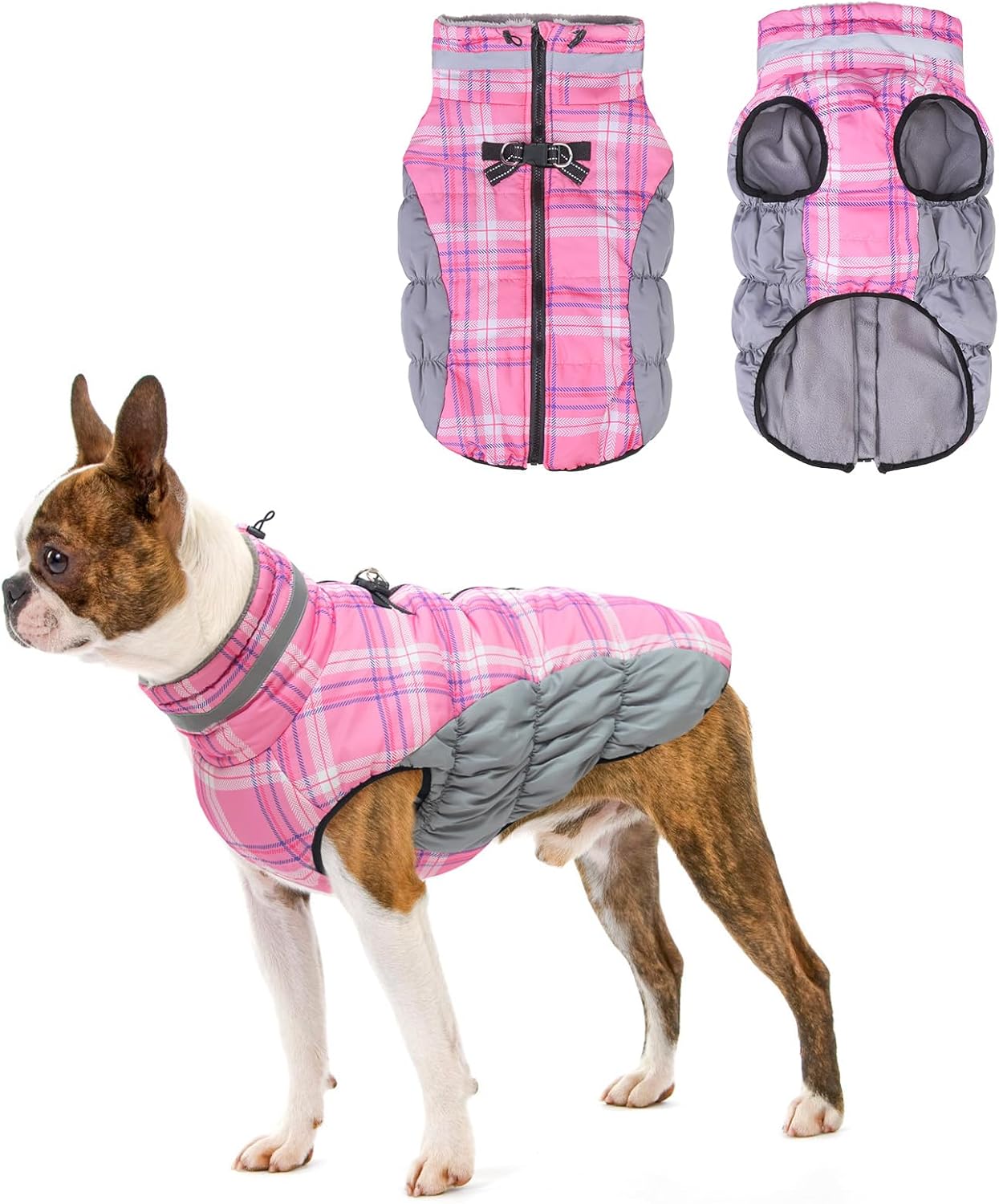 BEAUTYZOO Abrigo de invierno a cuadros para perro, chaqueta reflectante mejorada para perro, forro polar acolchado con arnés integrado, ropa
