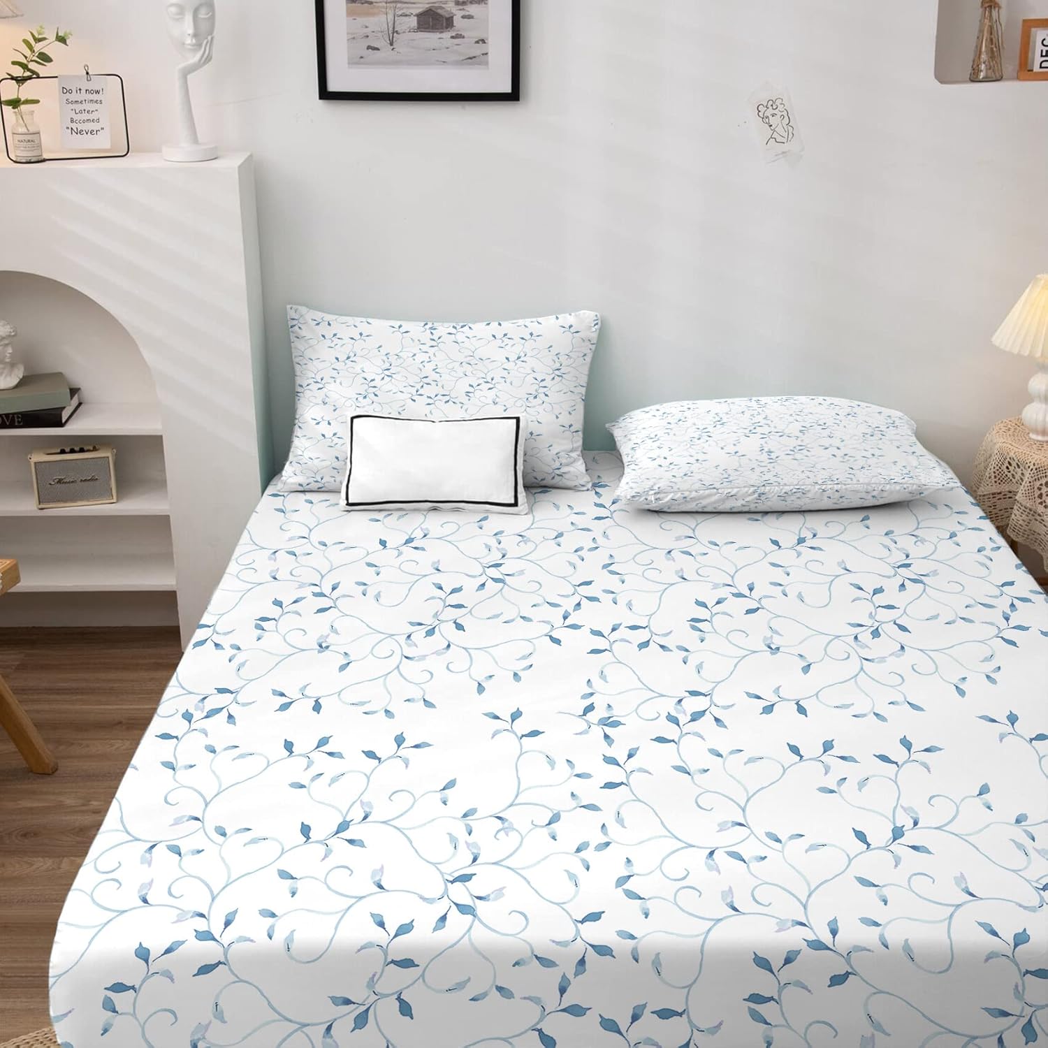 Sábanas de plantas tamaño King, sábanas botánicas de hojas, sábanas y fundas de almohada estampadas de 4 piezas, sábana bajera ajustable de