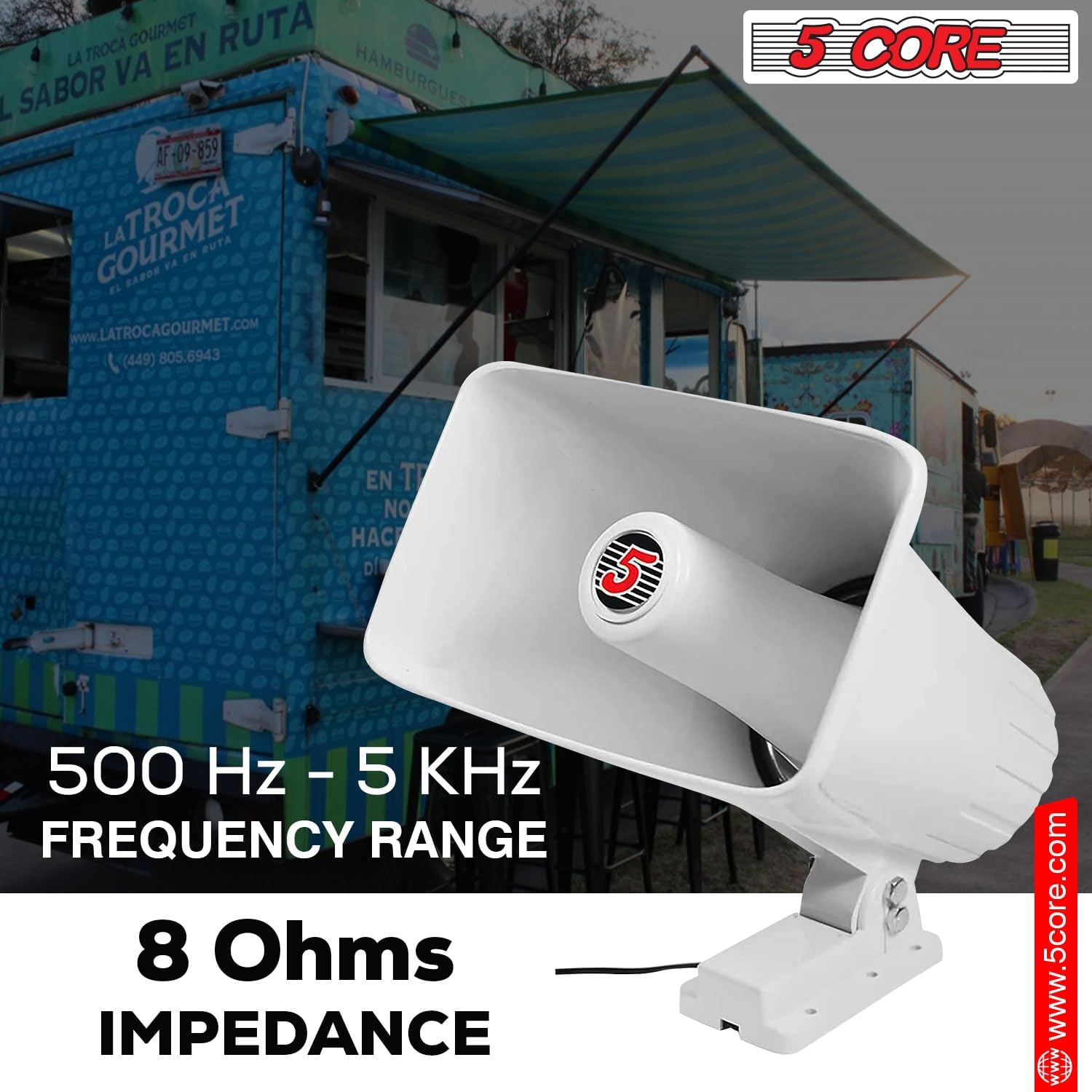 5 CORE Altavoz de radiobúsqueda de bocina PA para interiores y exteriores, altavoz de 8 x 5 pulgadas, 8 ohmios y 65 vatios máximo de bocina Sirena