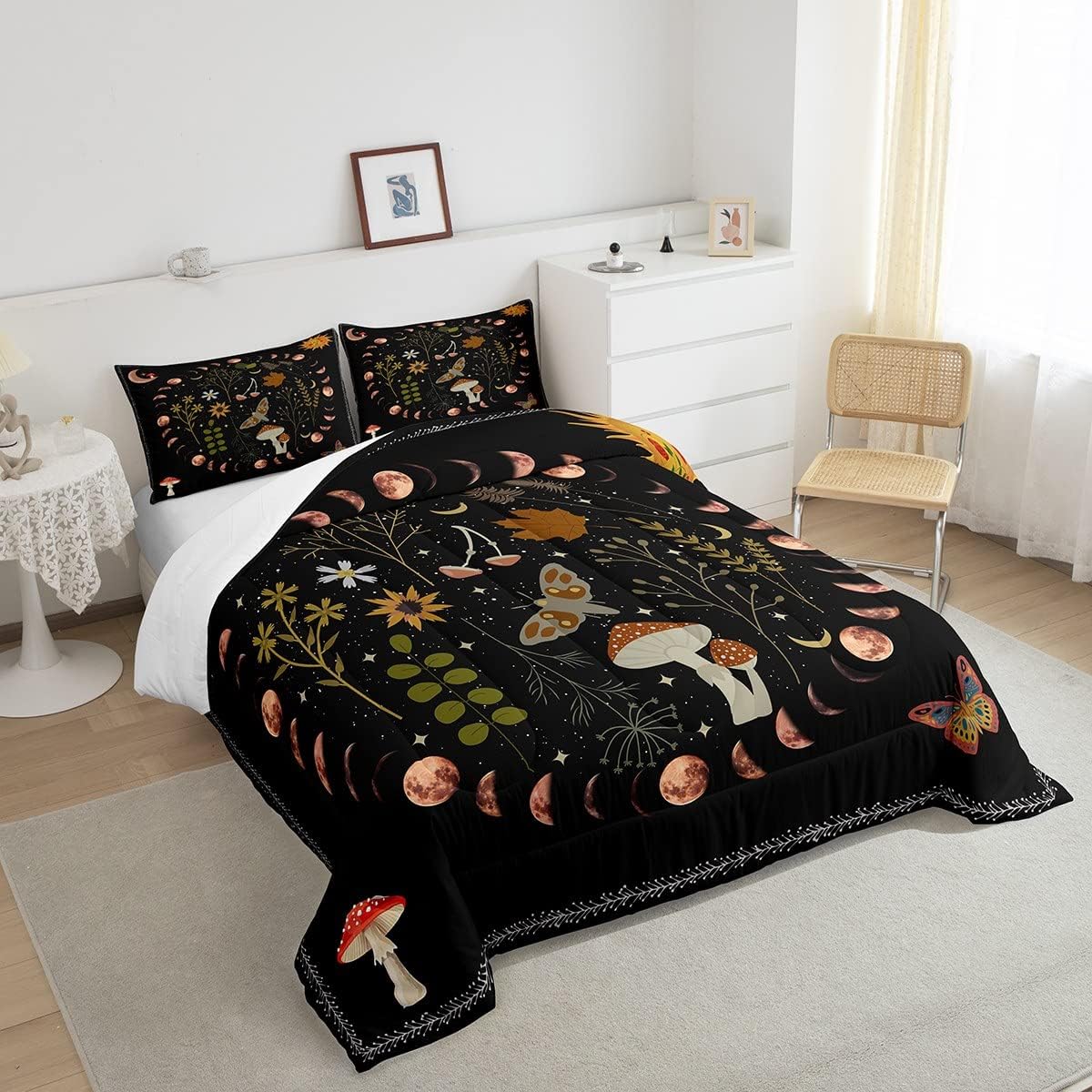 Juego de edredón gótico de naturaleza para decoración de habitación de niños, mariposa, polilla, flor, hongo, rústico, jardín, tamaño individual,