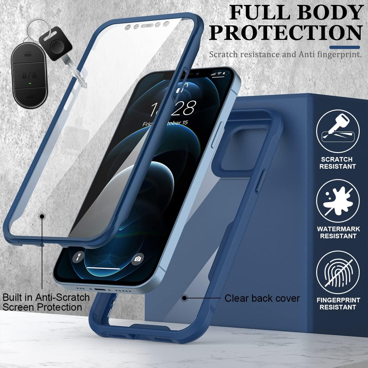 FUNMIKO Funda para iPhone 12 Pro Max, funda transparente con protector de pantalla integrado sensible al tacto, paso de grado militar de 21 pies,
