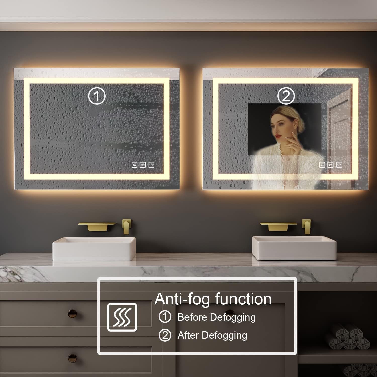 Espejo de baño LED de 40 x 24 pulgadas, espejo de tocador regulable, espejos de pared con 3 colores, antivaho, a prueba de roturas, memoria