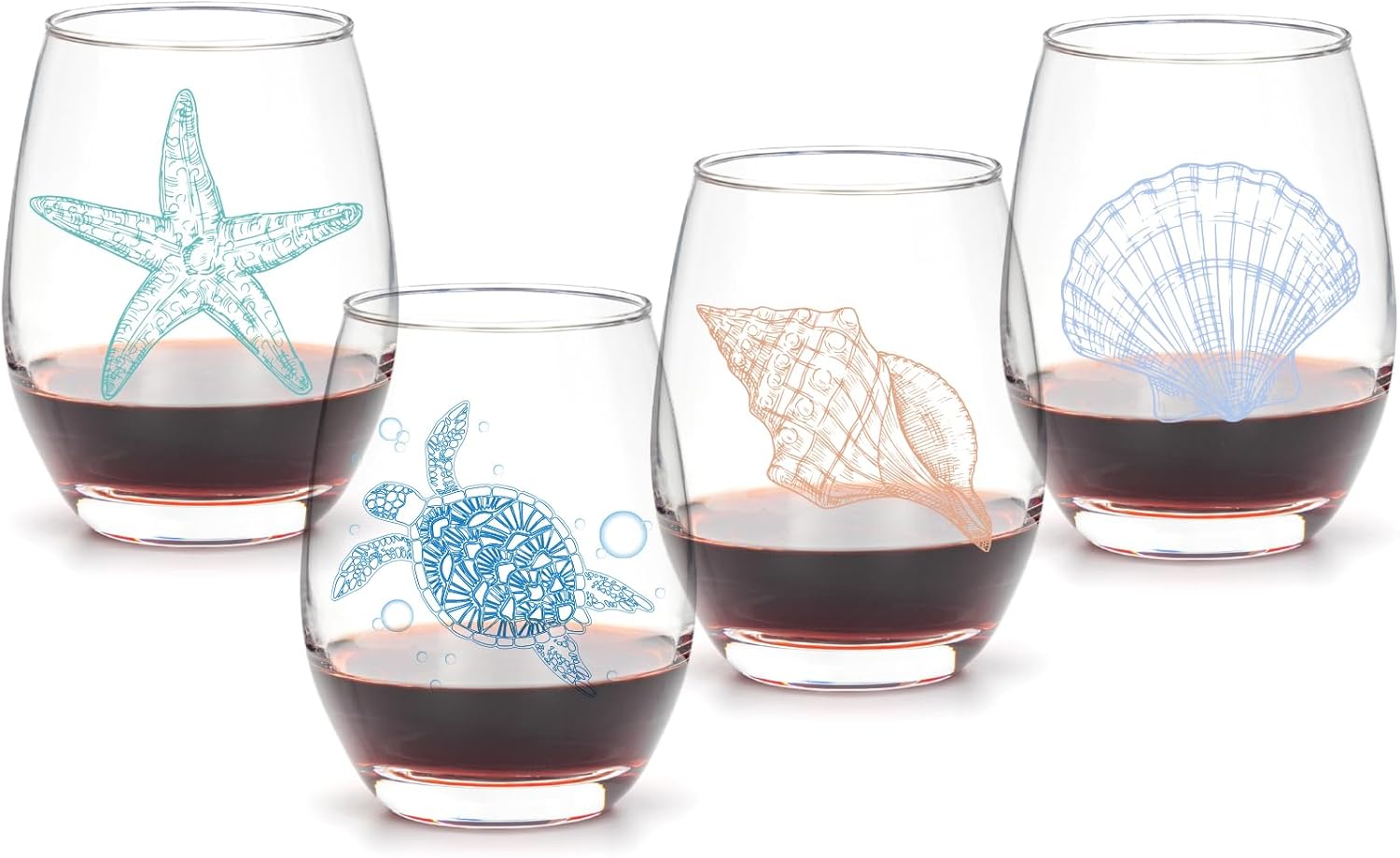 Copas de vino sin tallo con temática oceánica, juego de 4 cristalería de orilla del mar, tortuga marina, estrella de mar, conchas marinas, surtido