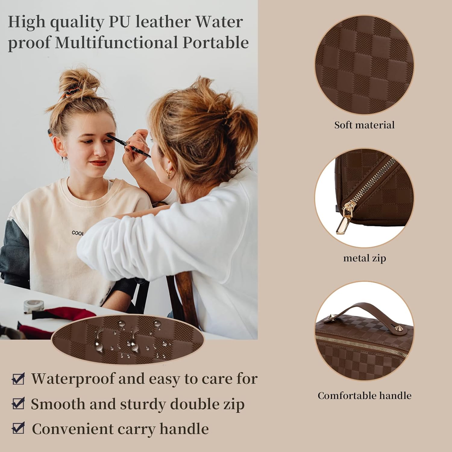 Bolsa de cosméticos – bolsa de cosméticos con patrón de verificación – bolsa portátil impermeable para el cuidado de la piel – bolsa de cosméticos