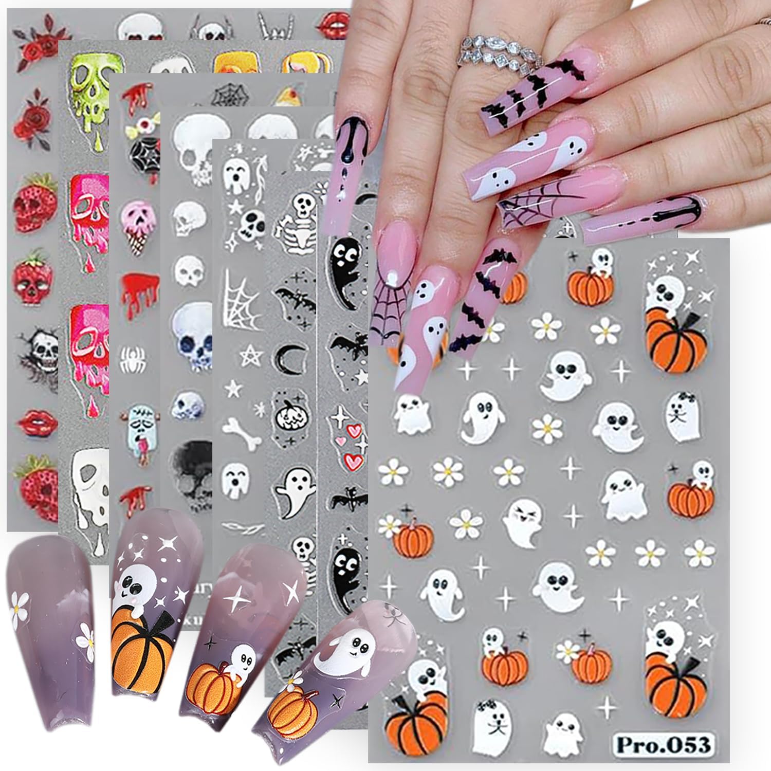 Calcomanías de arte de uñas de Halloween, calcomanías autoadhesivas 3D para uñas fantasma, color negro y blanco, diseño gótico de calabaza, diseño