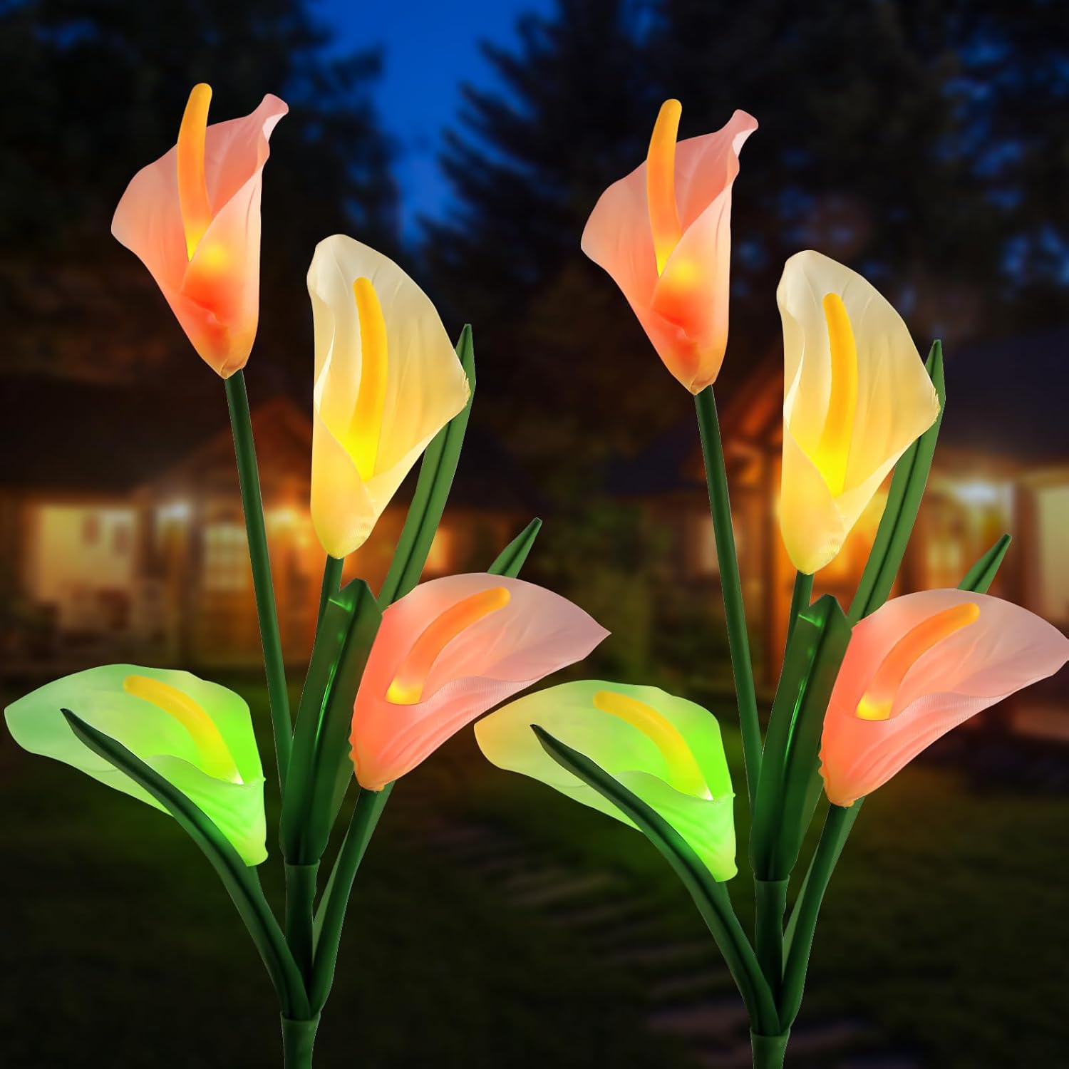 Luz solar para exteriores  Luces solares de jardín mejoradas, paquete de 2 luces solares con 8 flores de lirio, luces LED que cambian de color,