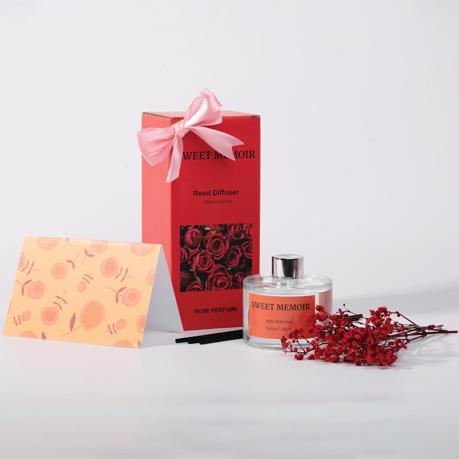 Sweet Memoir Juego de difusor de varillas de aceite esencial, perfume rosa, botella decorativa, flores preservadas y varillas difusoras, regalo de