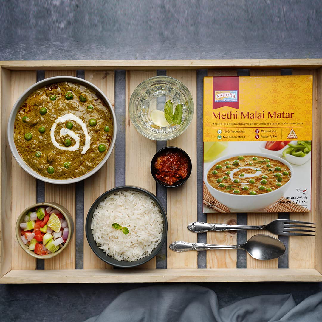 Ashoka Comidas totalmente naturales 1932, hojas vegetarianas de fenogreco y guisantes verdes, certificado Kosher, comidas indias auténticas listas