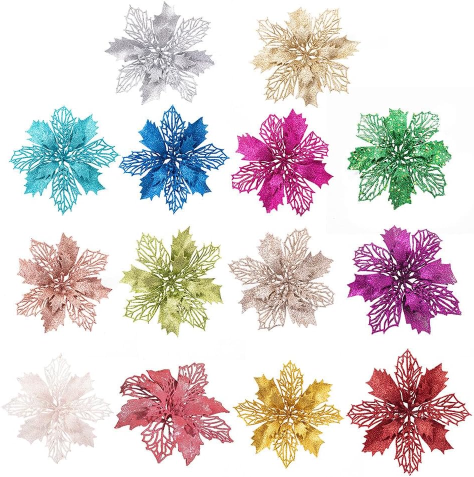 10 flores artificiales de Navidad de flor de pascua, lentejuelas con purpurina, adornos para árbol de Navidad, decoraciones de flor de pascua para