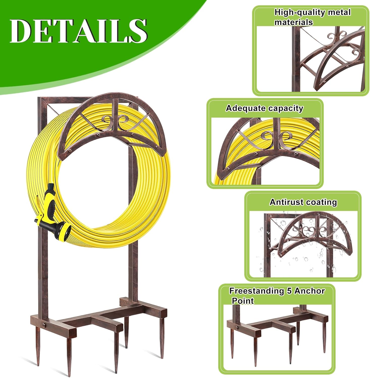 SHUONIVS Soporte para manguera de agua de jardín con 5 picos, colgador de manguera resistente mejorado independiente con capacidad para manguera de