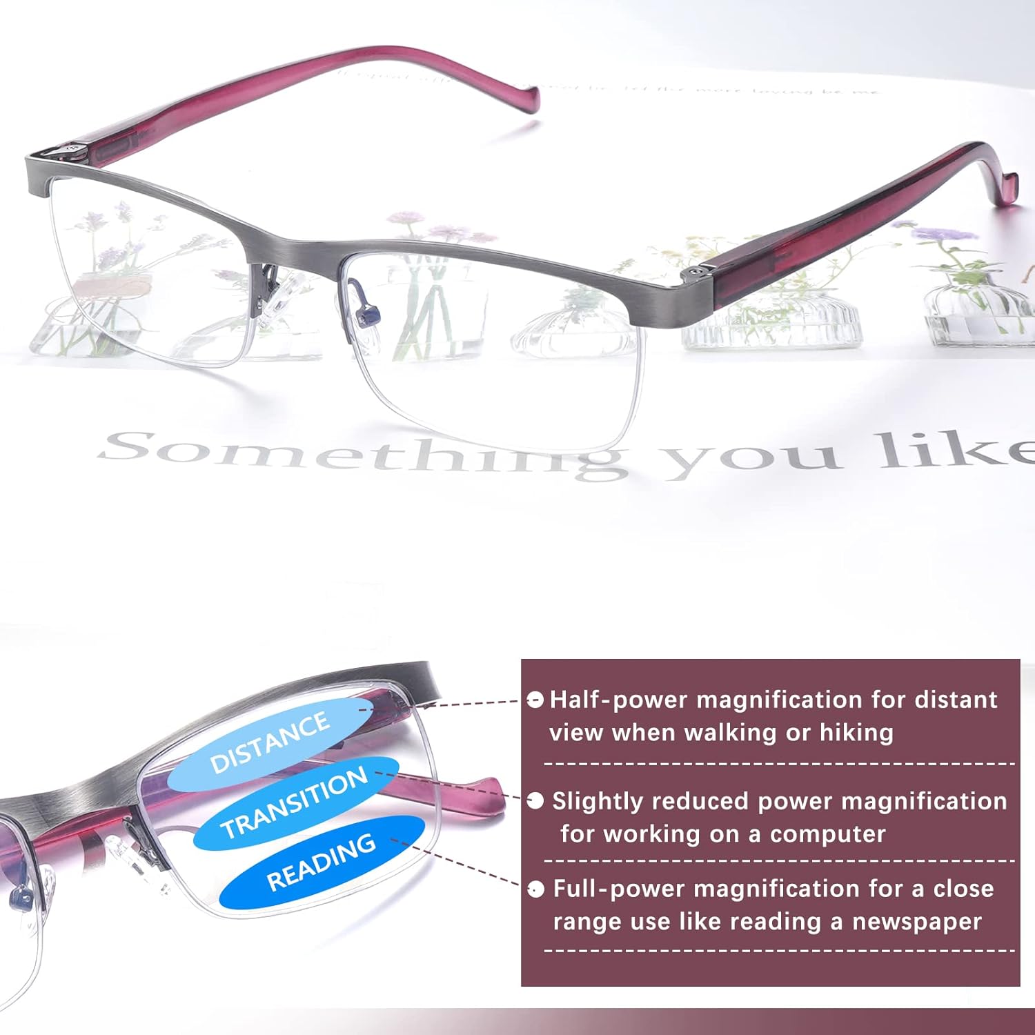 CLASAGA Progressive Multifocus Reading Glasses for Women Men, Blue Light Ladies Computer Reader Metal Half Frame Eyewear