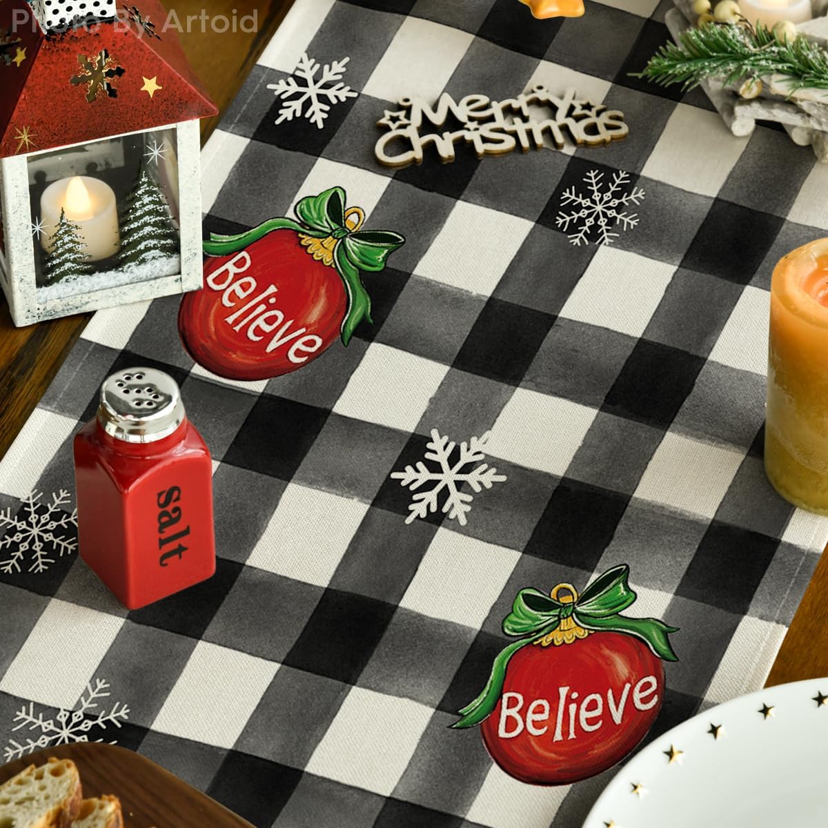 Artoid Mode Camino de mesa de Navidad con campanas de gnomo a cuadros, árbol de Navidad, decoración de mesa de comedor de cocina de invierno de