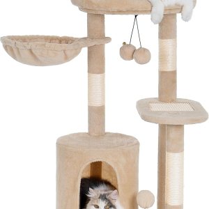 Aechonow Torre de árbol para gatos pequeños de interior con condominio y hamaca profunda, torre para gatos con poste rascador de sisal natural y Aechonow Torre de árbol para gatos pequeños de interior con condominio y hamaca profunda, torre para gatos con poste rascador de sisal natural y