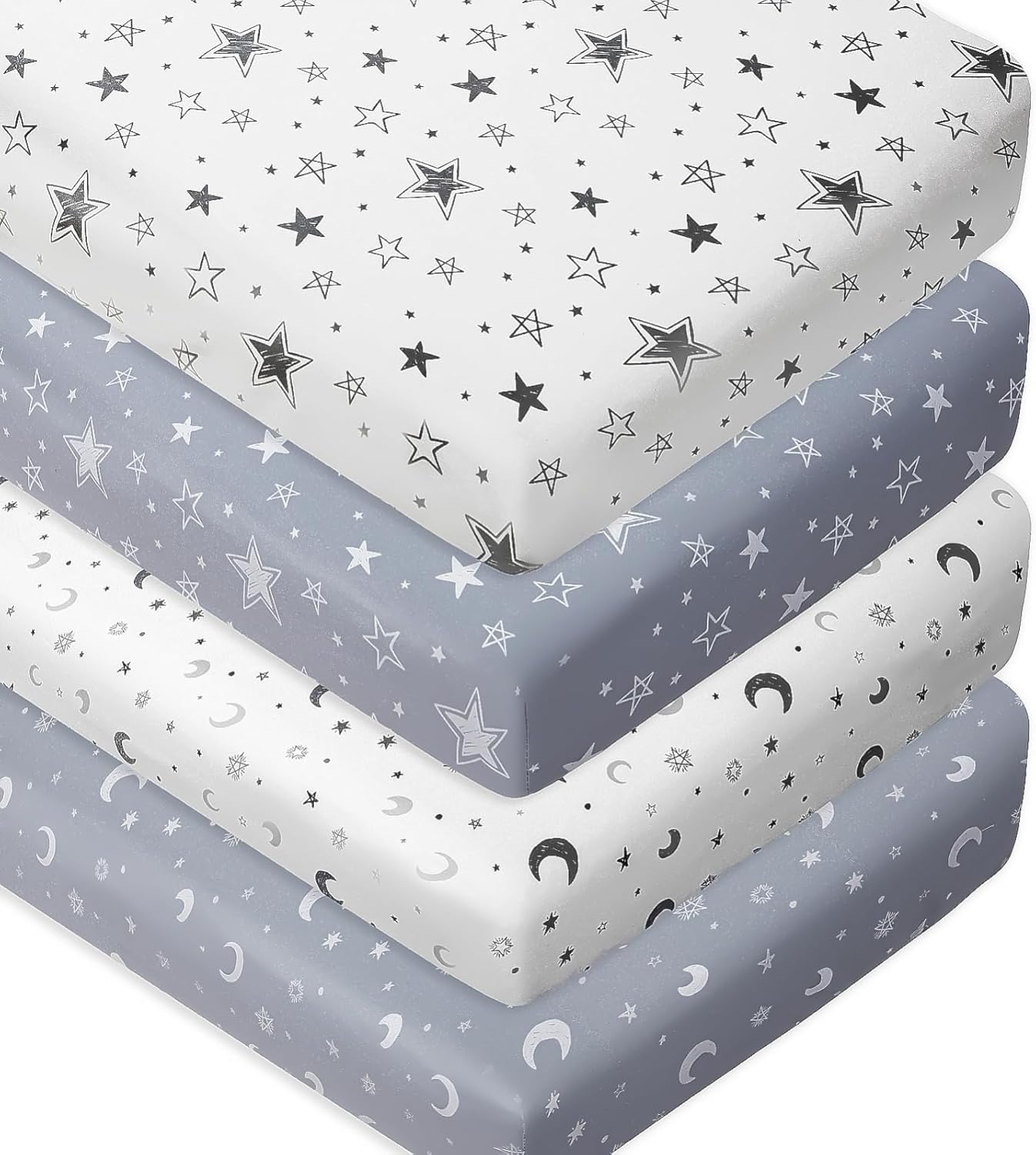 Juego de 4 sábanas bajeras unisex de estrellas y luna para bebés, niños o niñas (sábanas para cuna)