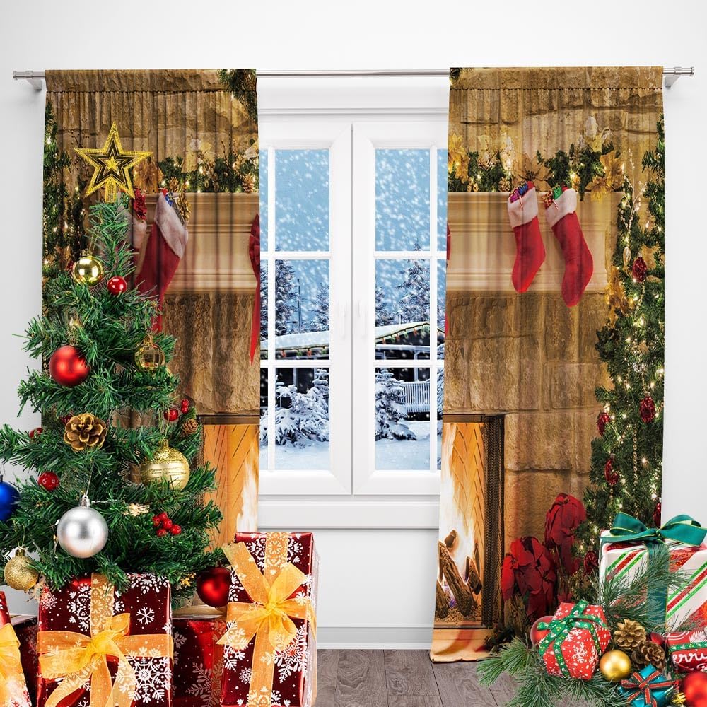 TOKTILIKT Calcetines de cortina de Navidad de 82 x 84 pulgadas, diseño de chimenea, arco de regalo, decoración de dormitorio, sala de estar,