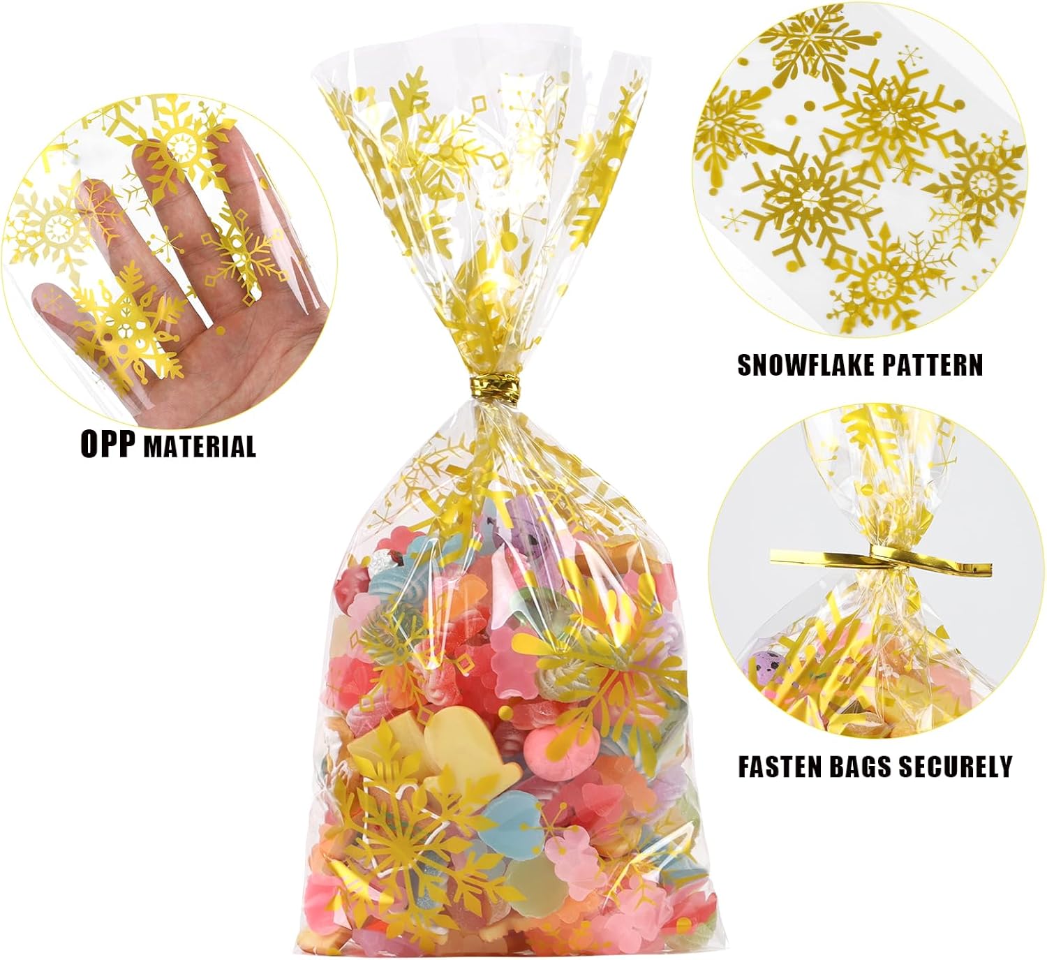 CCINEE 180 bolsas de celofán de Navidad para niños, bolsas de regalo de copo de nieve de Navidad con lazos metálicos para suministros de fiesta,
